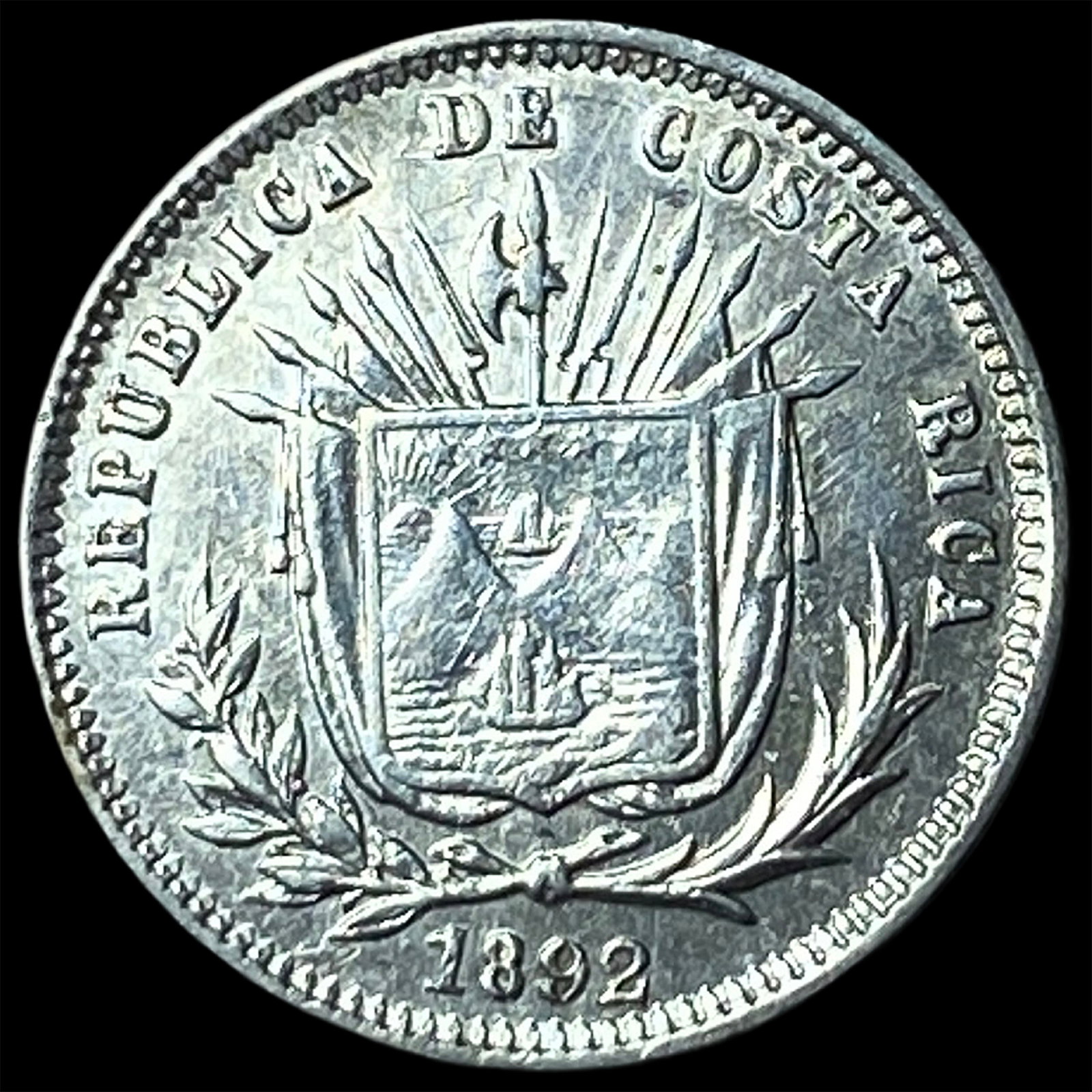 1892 Coasta Rica Silver 5 Centavos: 1892 Coasta Rica Silver 5 Centavos
