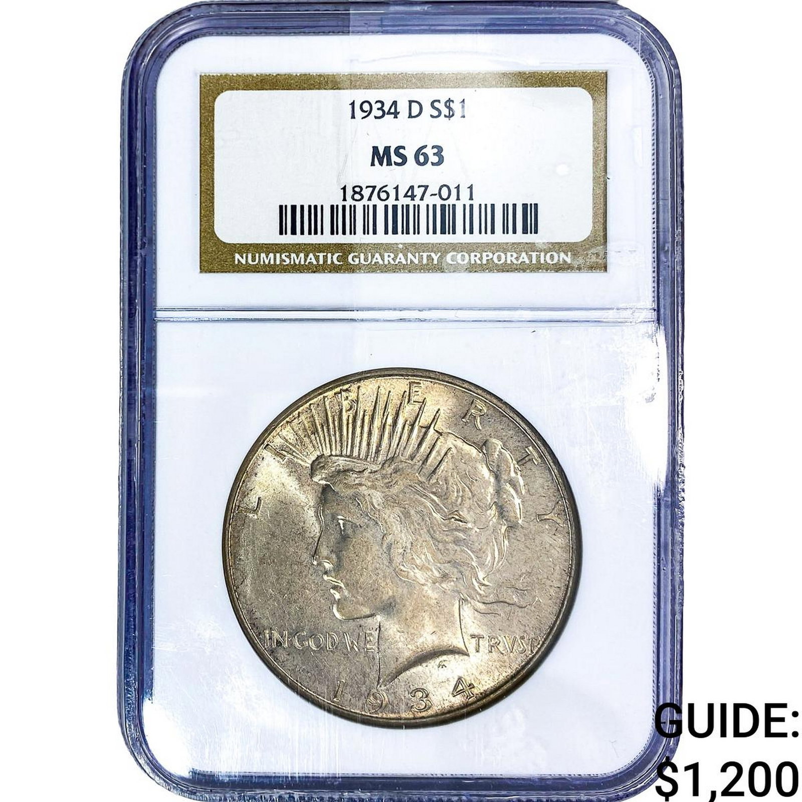 1934-D Silver Peace Dollar NGC MS63: 1934-D Silver Peace Dollar NGC MS63