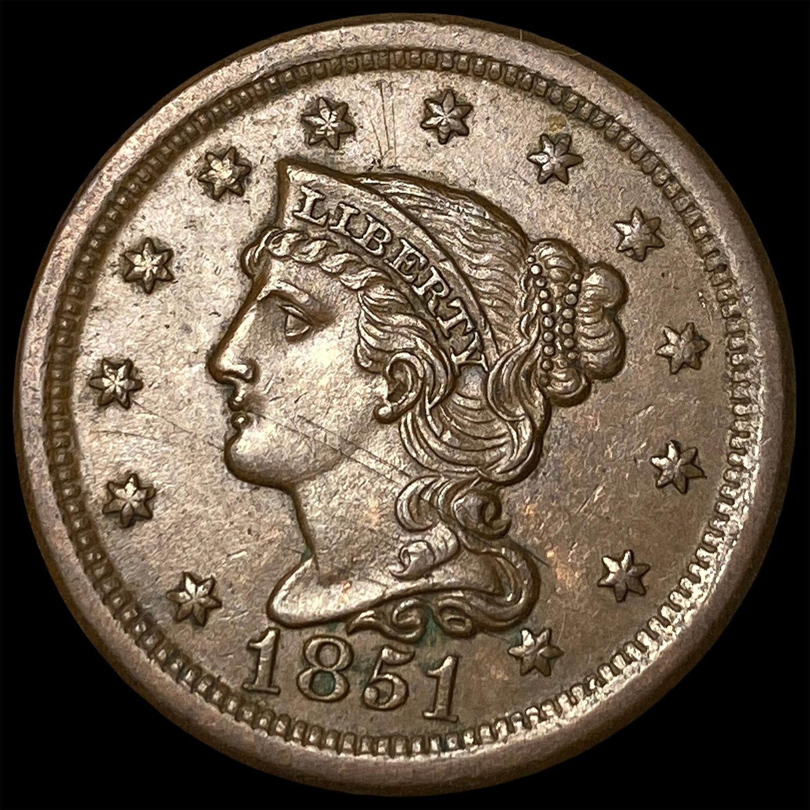 1851 Braided Hair Large Cent CHOICE AU: 1851 Braided Hair Large Cent CHOICE AU
