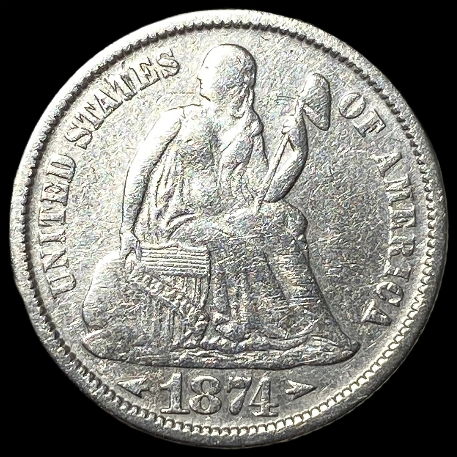 1874 Silver Seated Liberty Dime ABOUT UNCIRCULATED: 1874 Silver Seated Liberty Dime ABOUT UNCIRCULATED