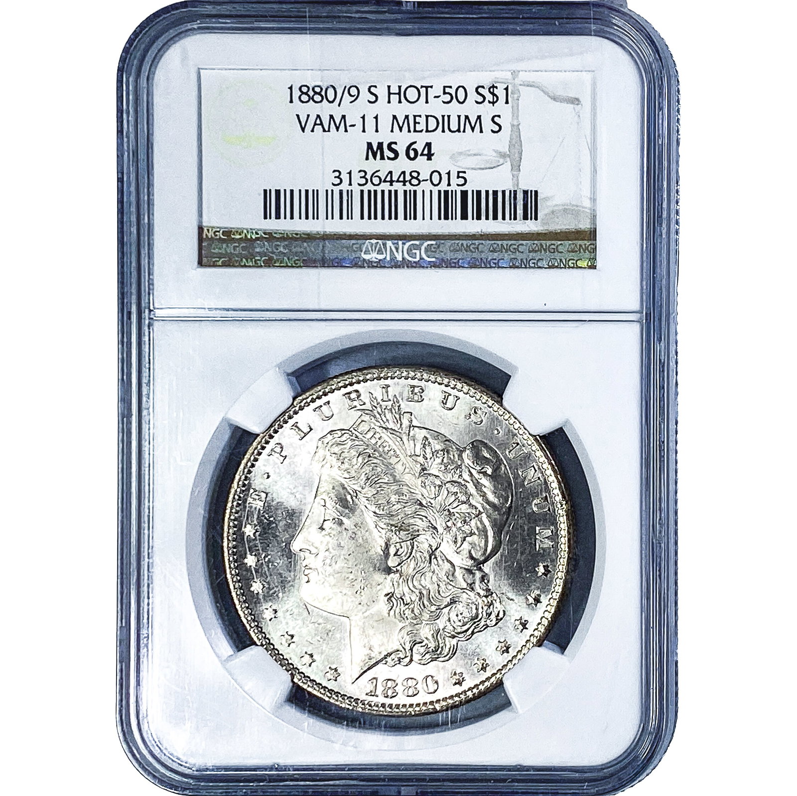1880/9-S Morgan Silver Dollar NGC MS64 VAM-11 Medium S: 1880/9-S Morgan Silver Dollar NGC MS64 VAM-11 Medium S