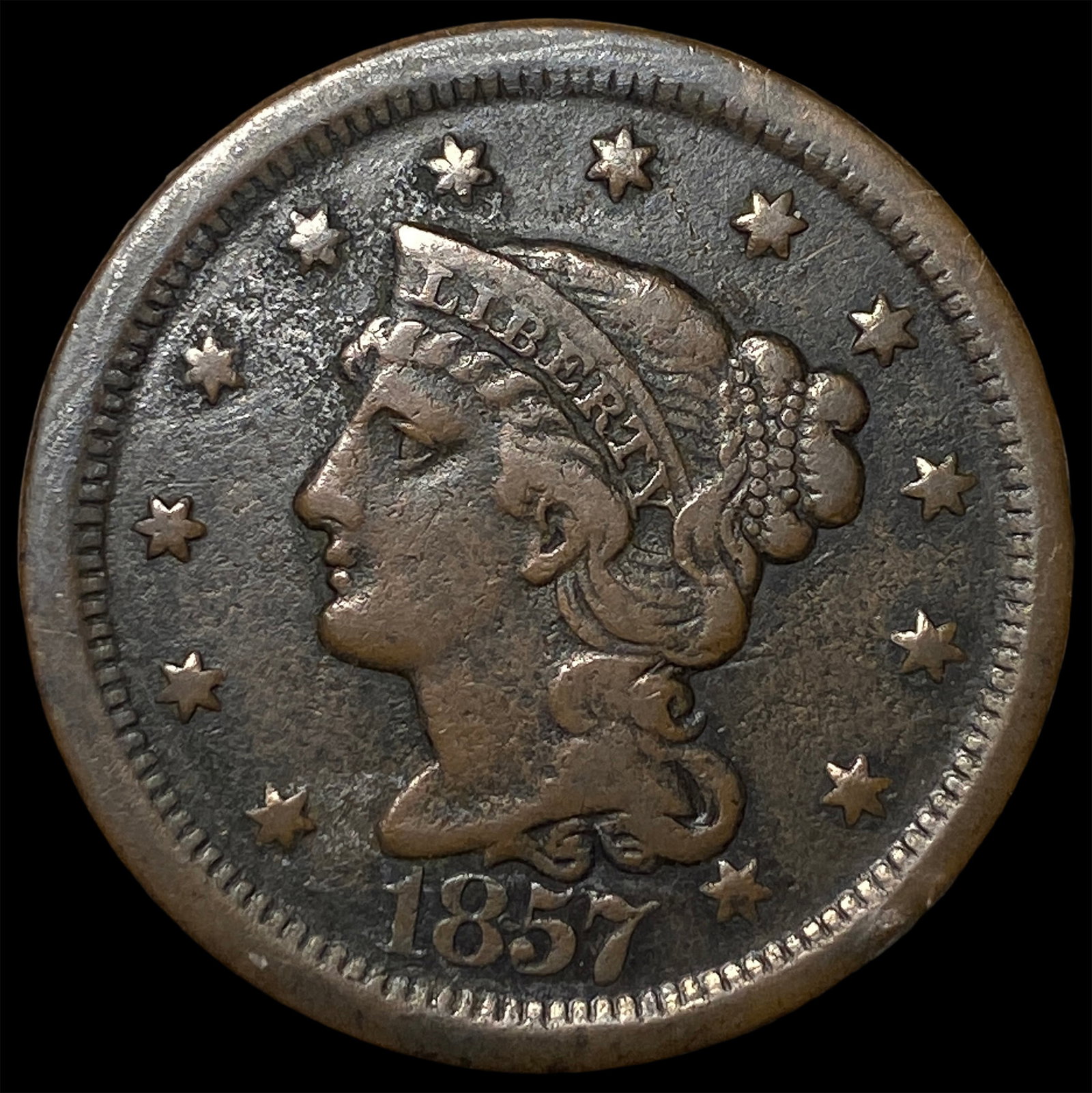 1857 Braided Hair Large Cent NEARLY UNCIRCULATED: 1857 Braided Hair Large Cent NEARLY UNCIRCULATED