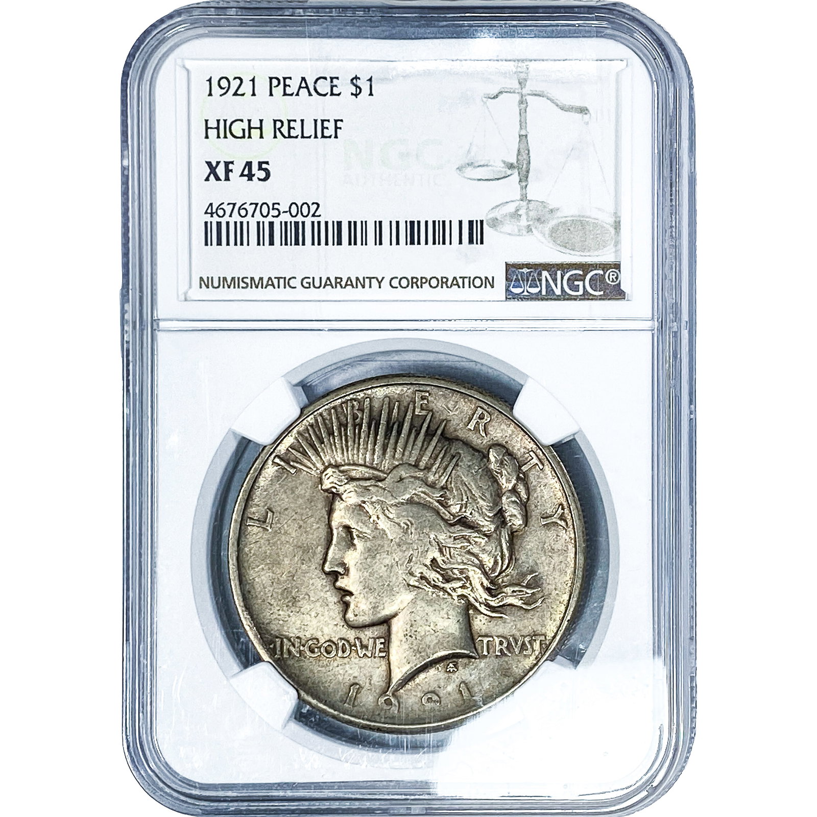 1921 Silver Peace Dollar NGC XF45 High Relief: 1921 Silver Peace Dollar NGC XF45 High Relief