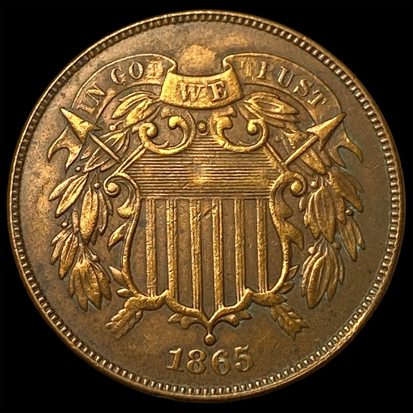 1865 RB Bronze Two-Cent Piece CHOICE AU: 1865 RB Bronze Two-Cent Piece CHOICE AU