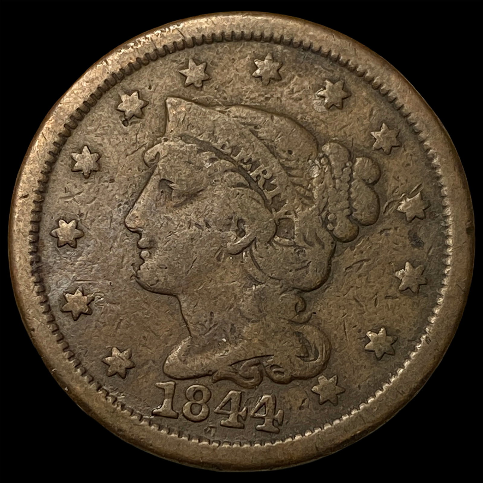 1844 BN Braided Hair Large Cent LIGHTLY CIRCULATED (1 of 2)