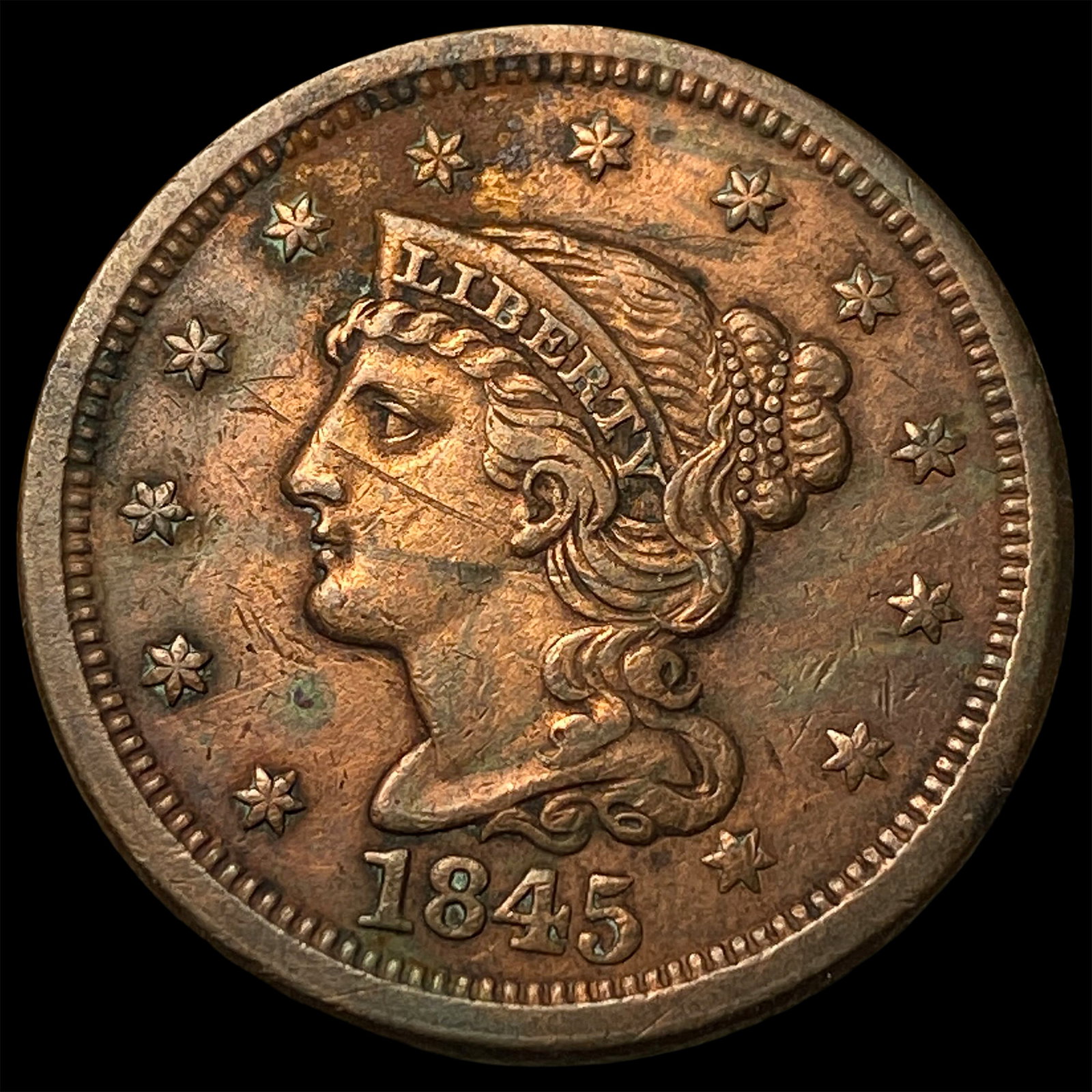 1845 RB Braided Hair Large Cent LIGHTLY CIRCULATED