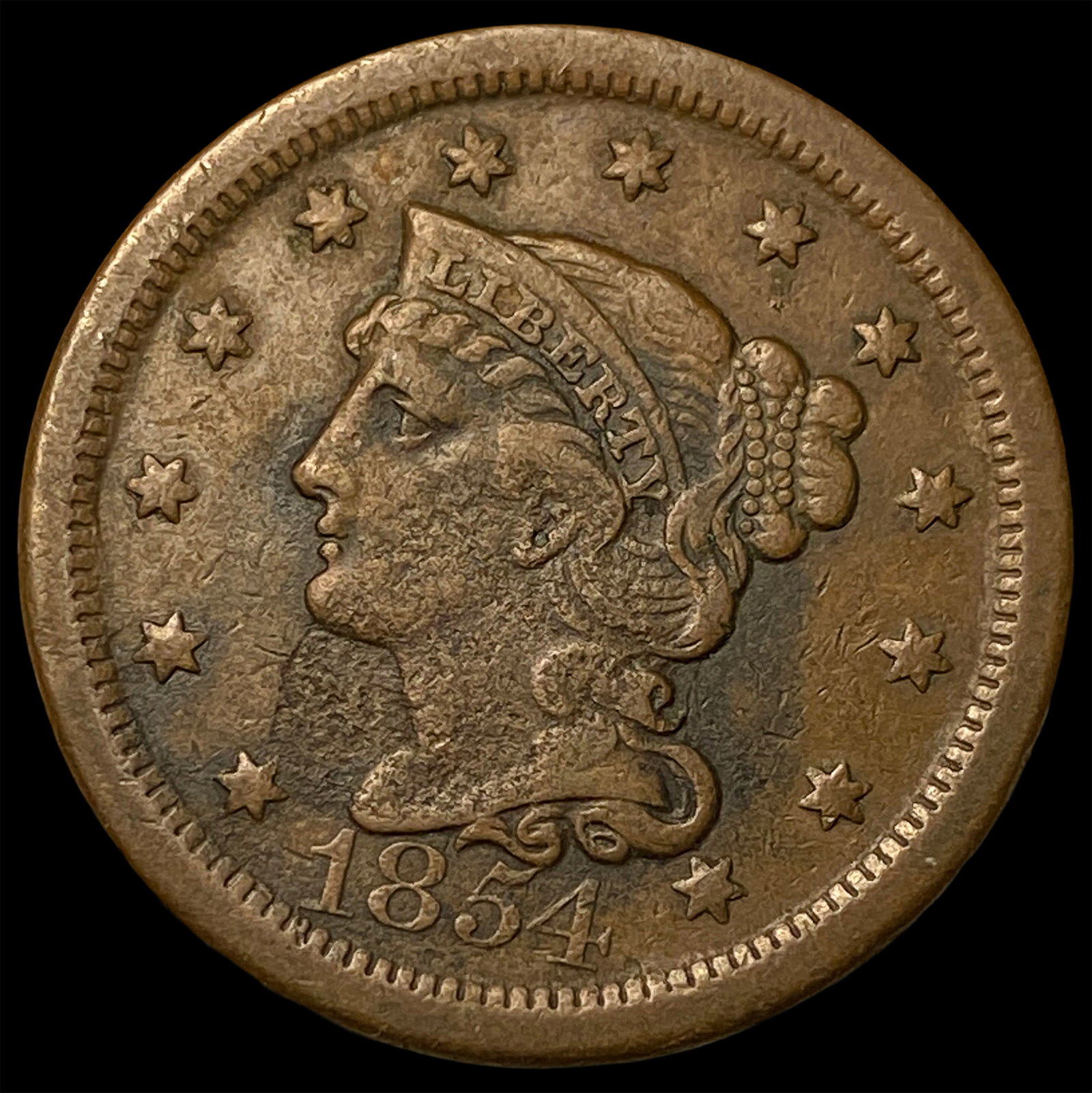 1854 RB Braided Hair Large Cent CLOSELY UNCIRCULATED
