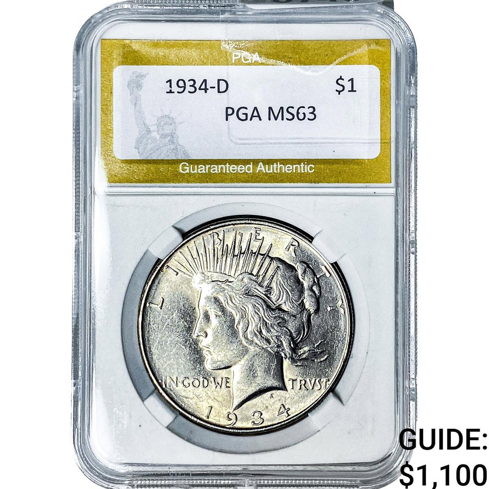 1934-D Silver Peace Dollar PGA MS63: 1934-D Silver Peace Dollar PGA MS63