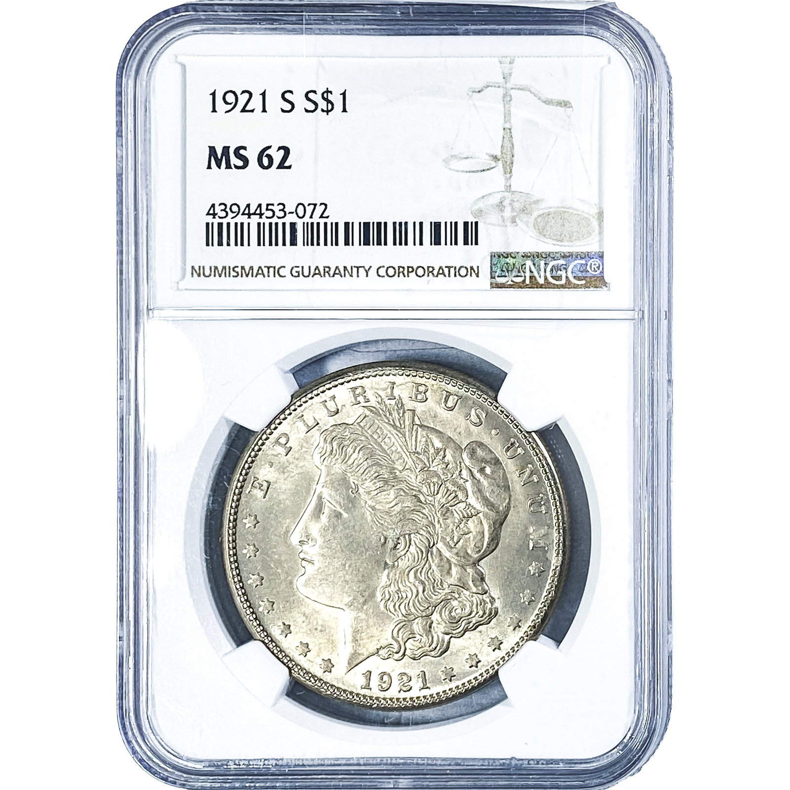 1921-S Morgan Silver Dollar NGC MS62: 1921-S Morgan Silver Dollar NGC MS62