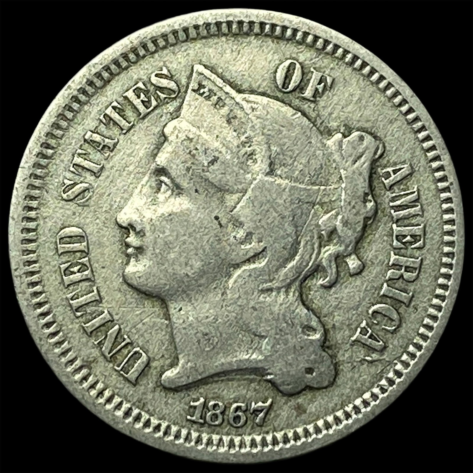 1867 Nickel Three-Cent Piece NEARLY UNCIRCULATED