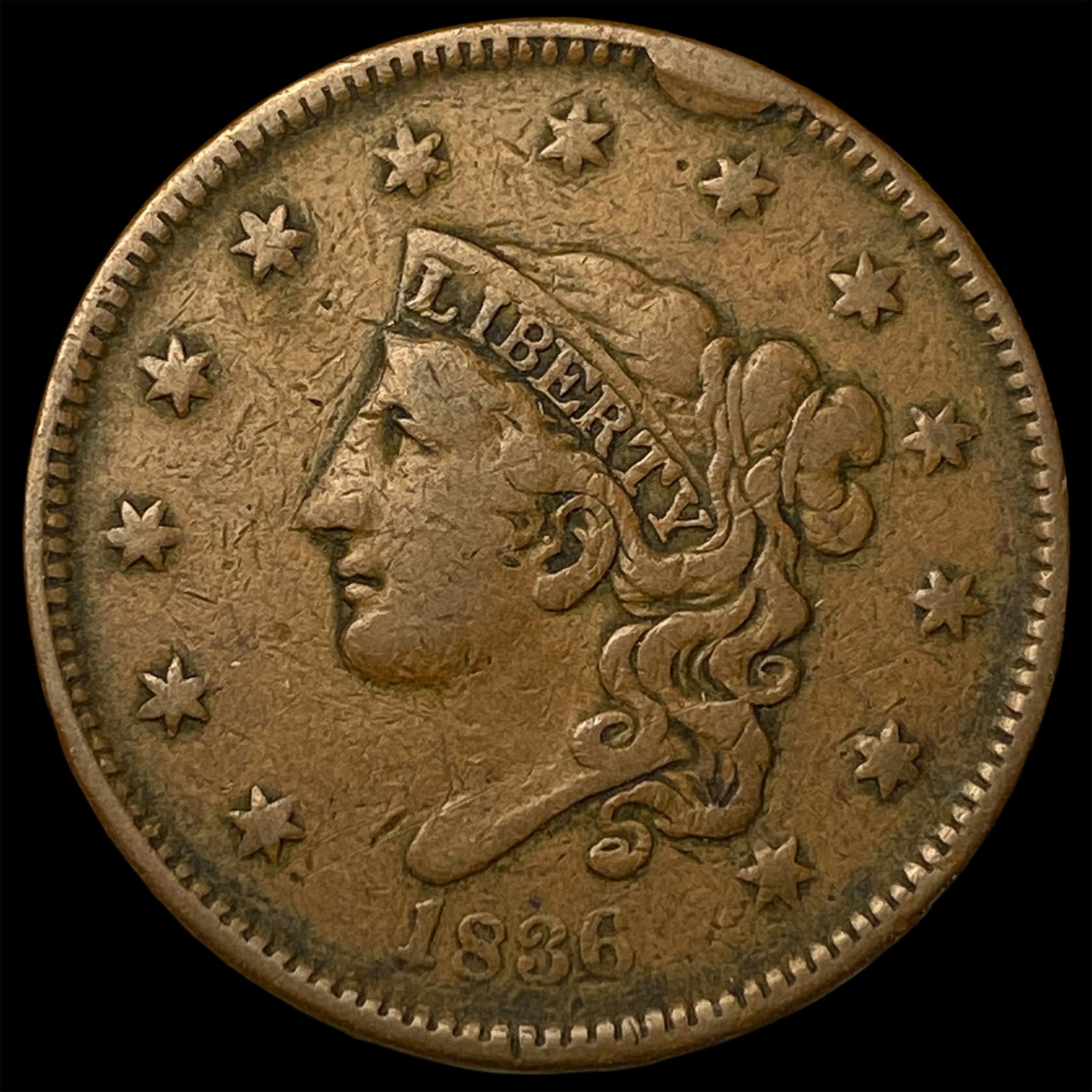 1836 RB Coronet Head Large Cent NEARLY UNCIRCULATED (1 of 2)