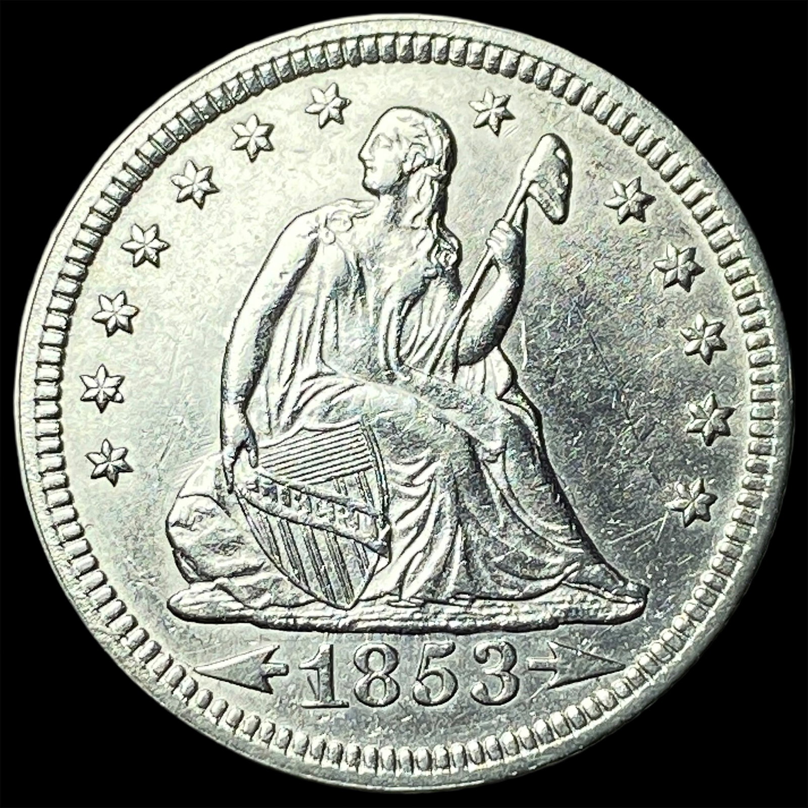 1853 Arrows Seated Liberty Quarter UNCIRCULATED (1 of 2)