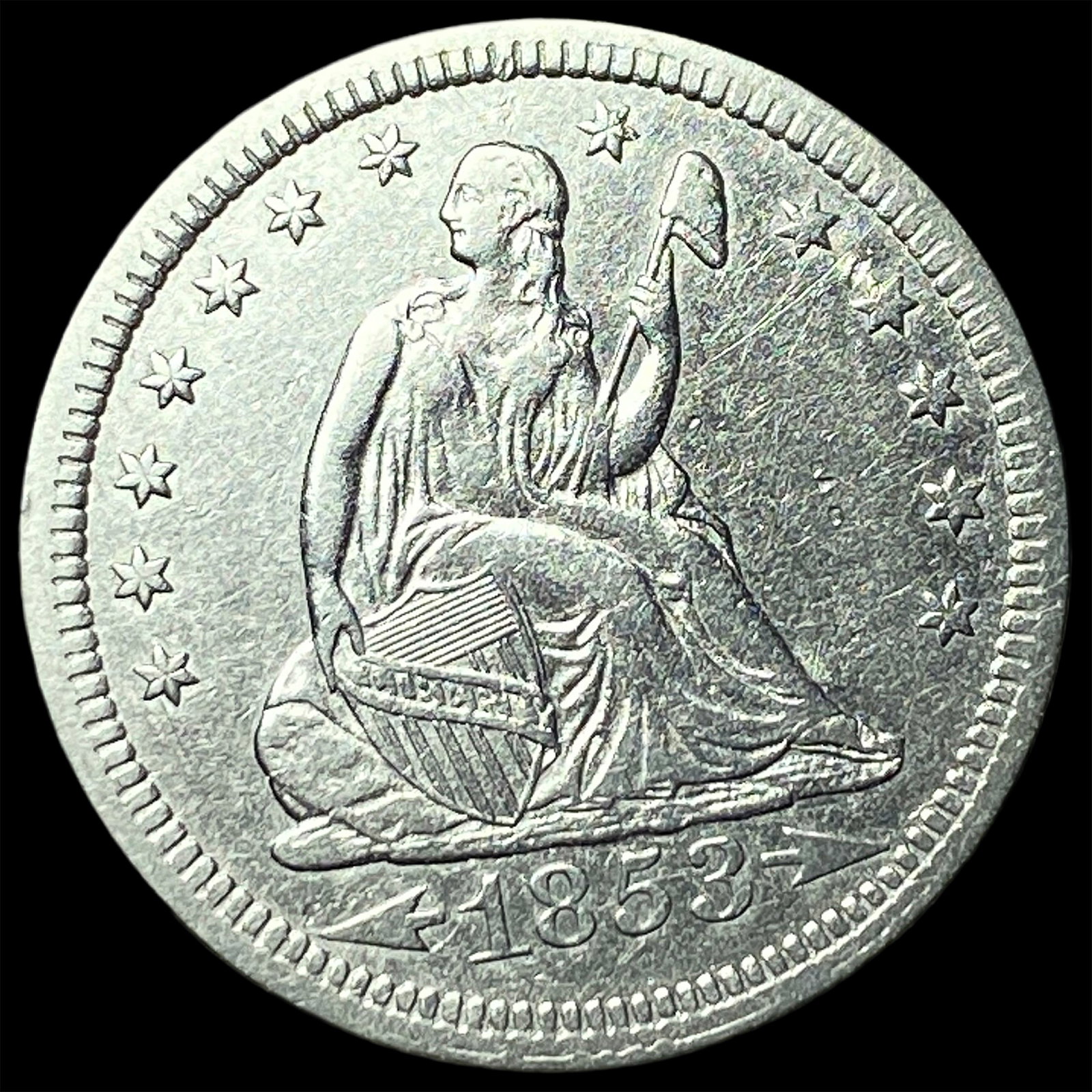 1853 Arrows Seated Liberty Quarter CHOICE AU