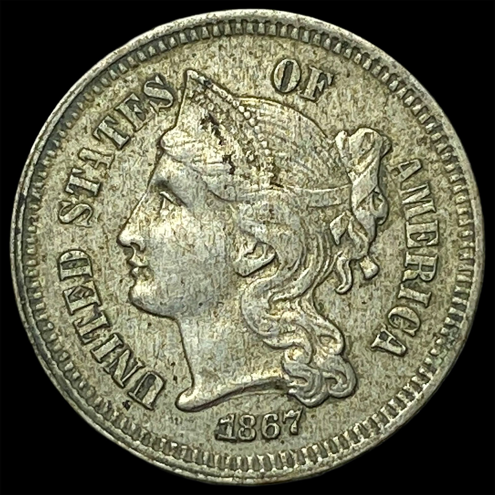 1867 Nickel Three-Cent Piece CHOICE AU