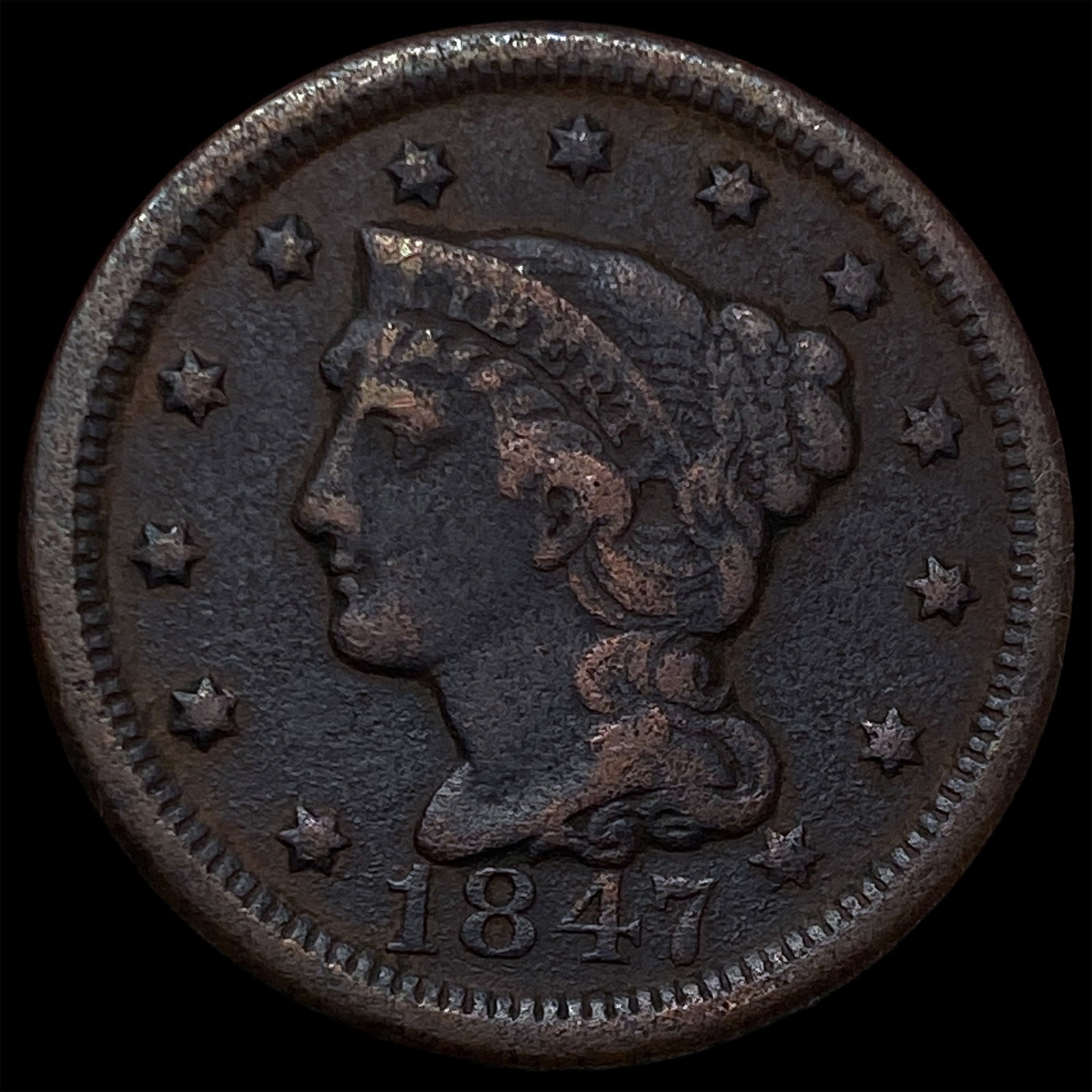 1847 Braided Hair Large Cent CLOSELY UNCIRCULATED (1 of 2)