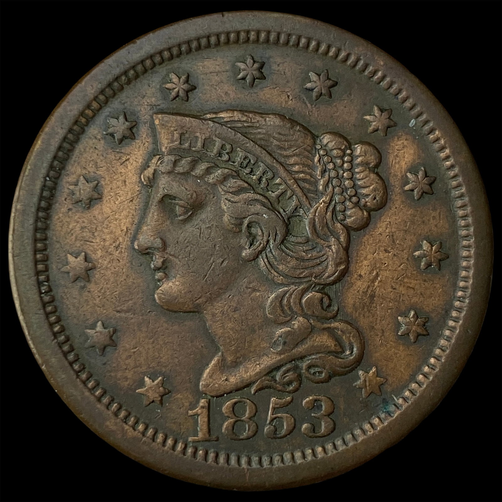 1853 Braided Hair Large Cent CHOICE AU: 1853 Braided Hair Large Cent CHOICE AU