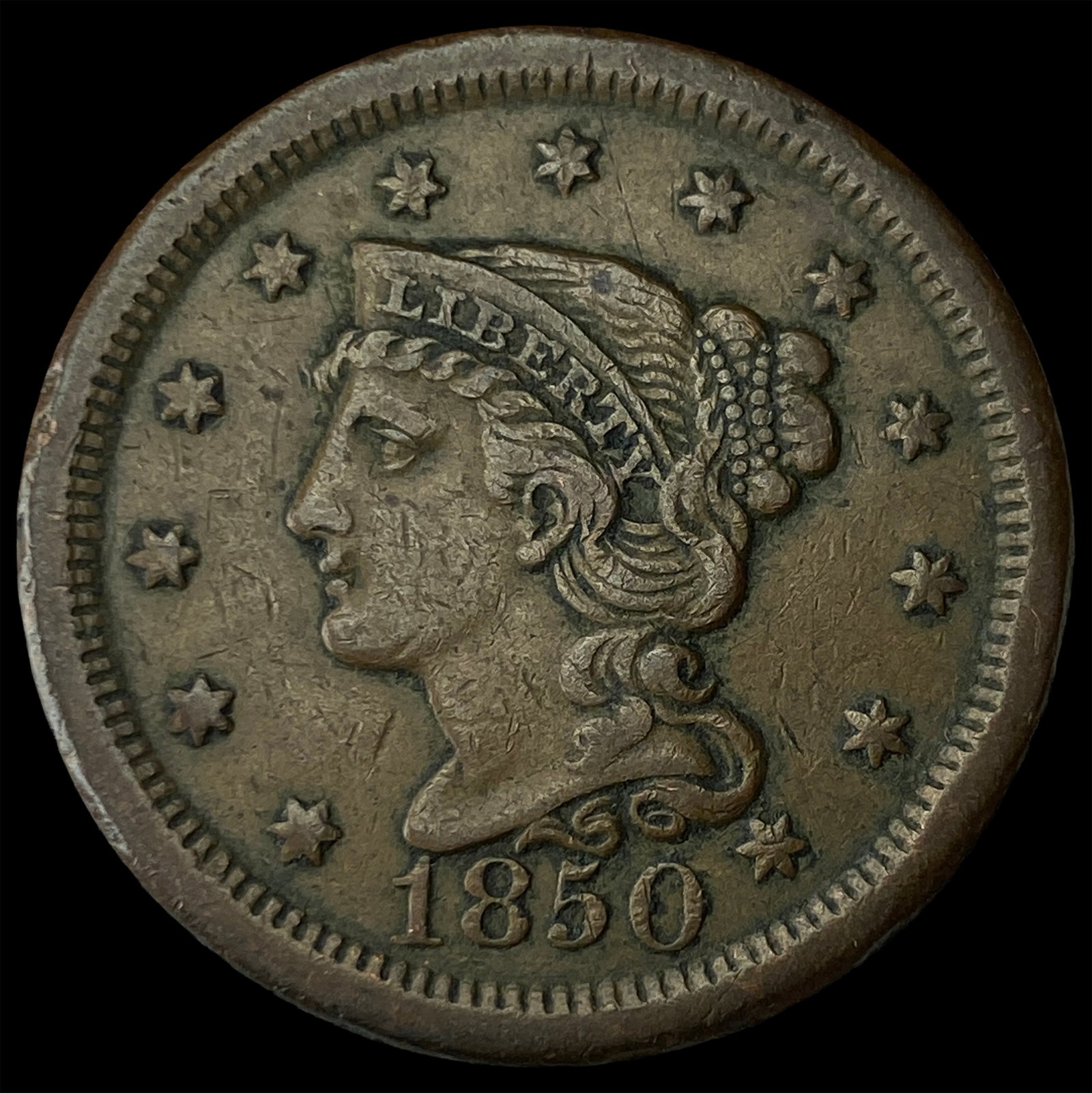 1850 Braided Hair Large Cent NEARLY UNCIRCULATED: 1850 Braided Hair Large Cent NEARLY UNCIRCULATED