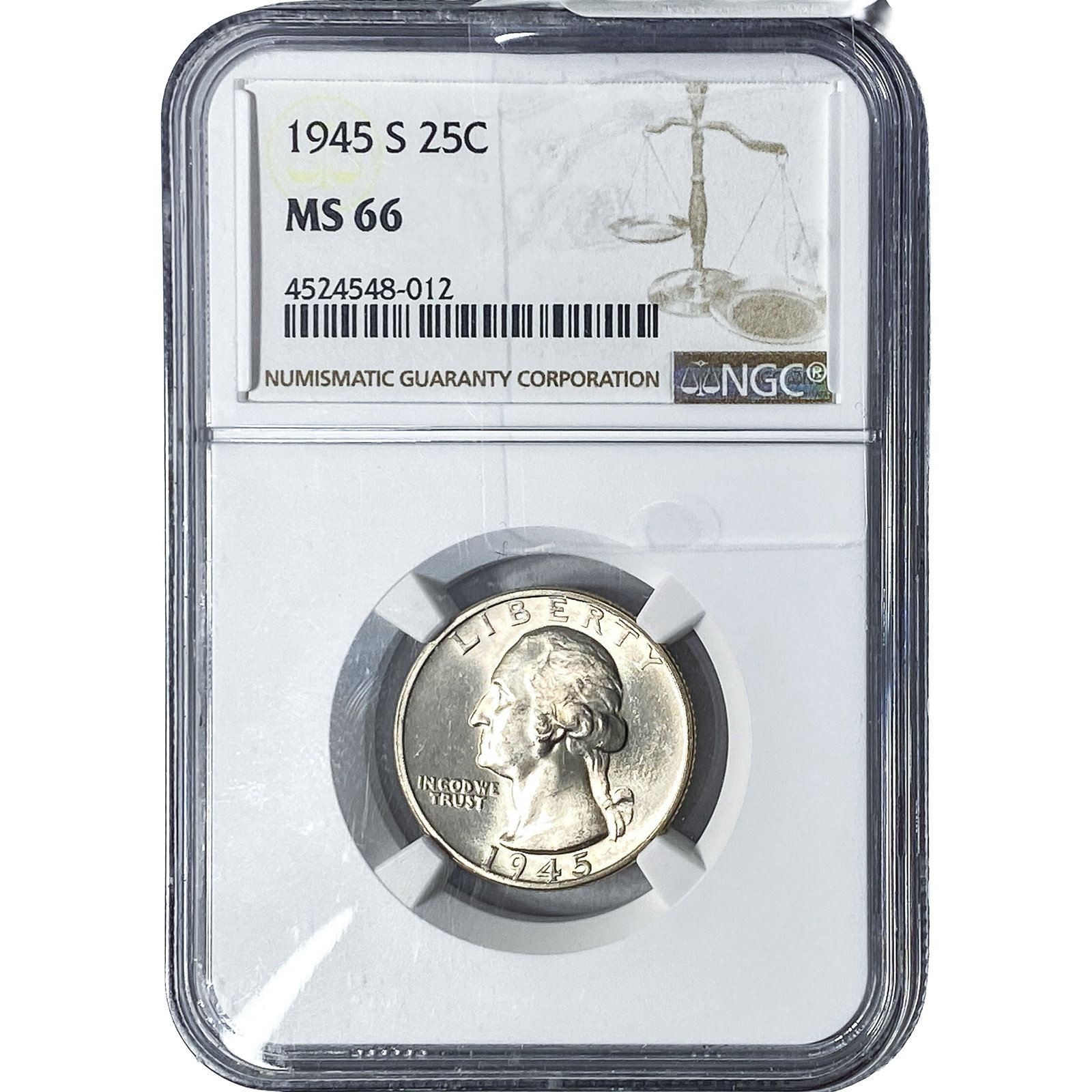1945-S Washington Silver Quarter NGC MS66: 1945-S Washington Silver Quarter NGC MS66