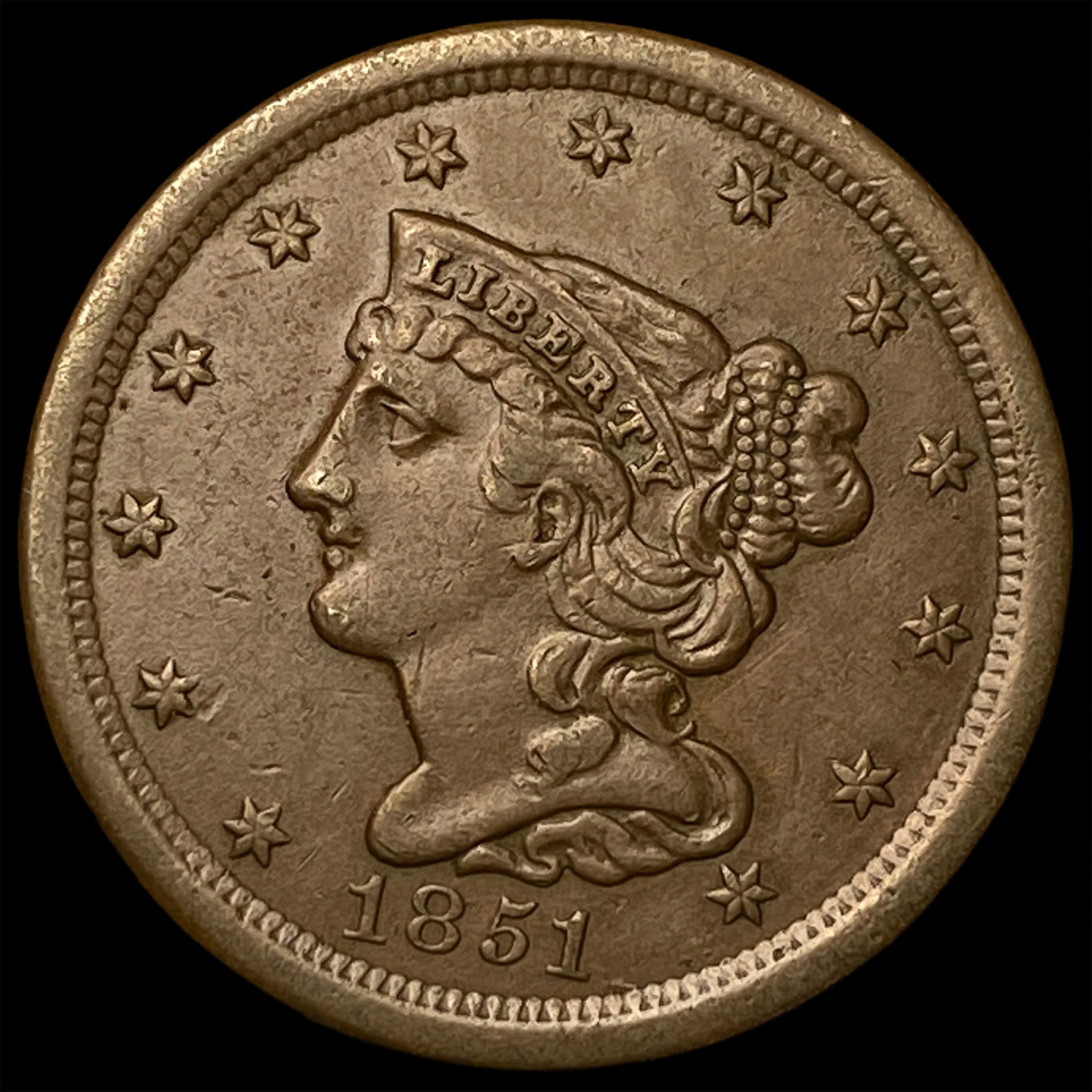 1851 RB Braided Hair Half Cent CLOSELY UNCIRCULATED: 1851 RB Braided Hair Half Cent CLOSELY UNCIRCULATED