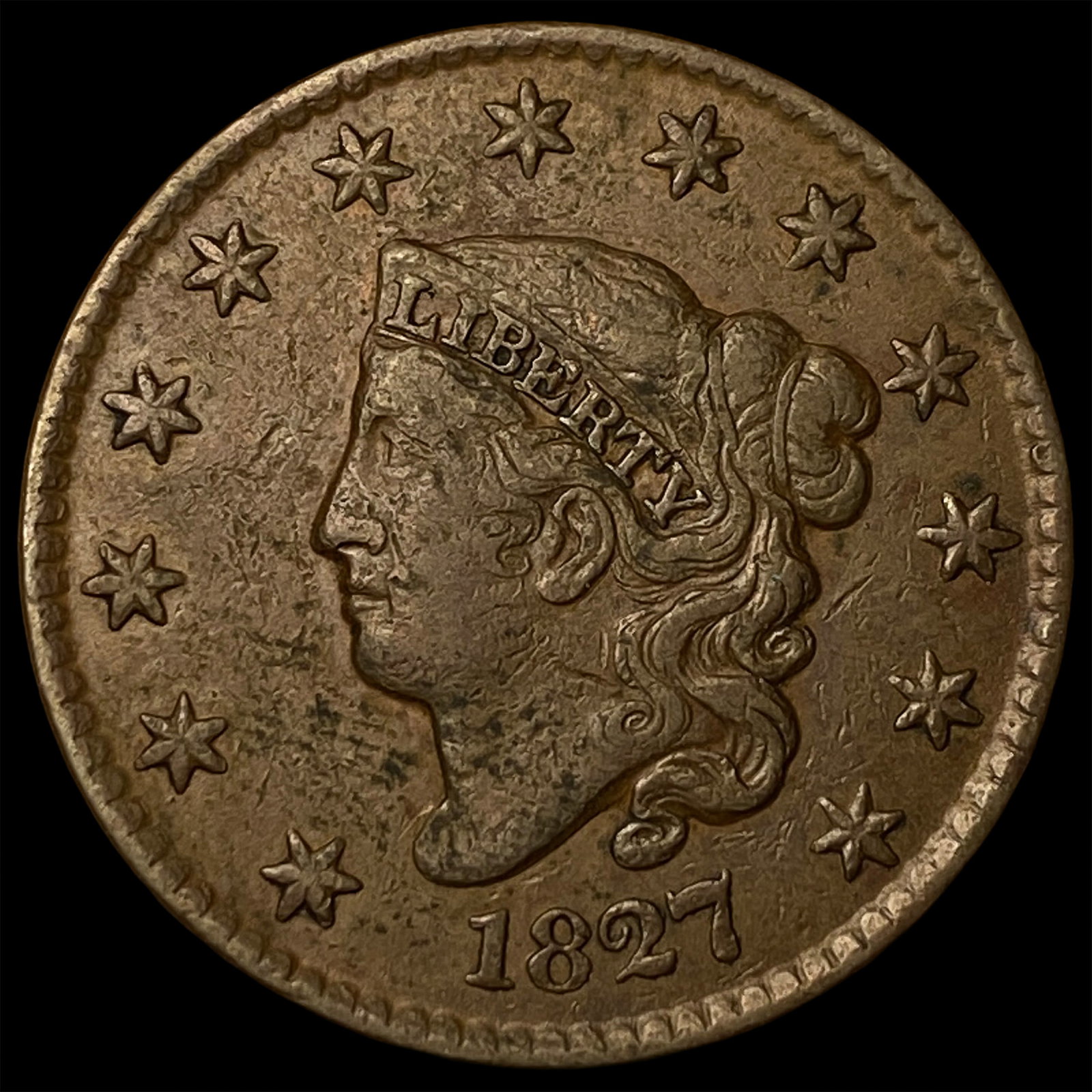 1827 RB Coronet Head Large Cent CLOSELY UNCIRCULATED: 1827 RB Coronet Head Large Cent CLOSELY UNCIRCULATED
