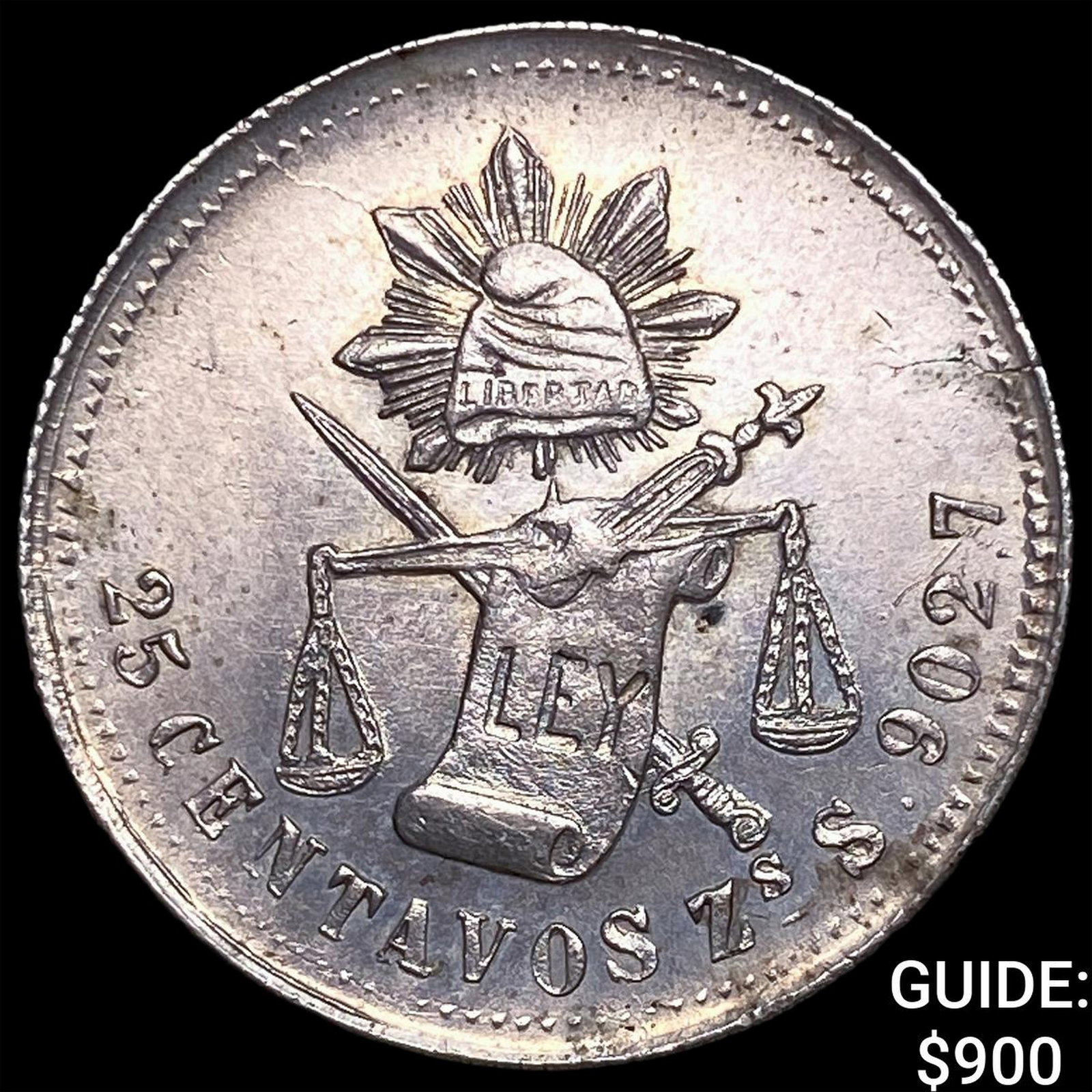 1886ZsS Mexico Silver 25 Centavos- Balance Scale: 1886ZsS Mexico Silver 25 Centavos- Balance Scale