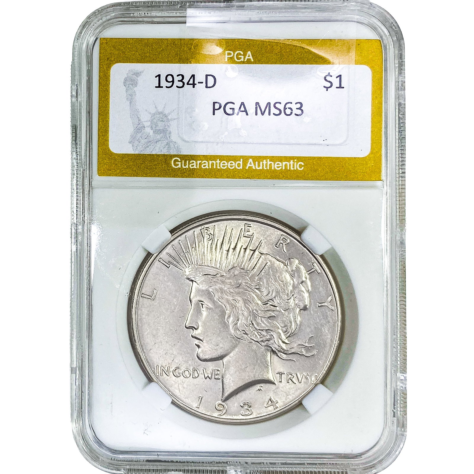 1934-D Silver Peace Dollar PGA MS63: 1934-D Silver Peace Dollar PGA MS63
