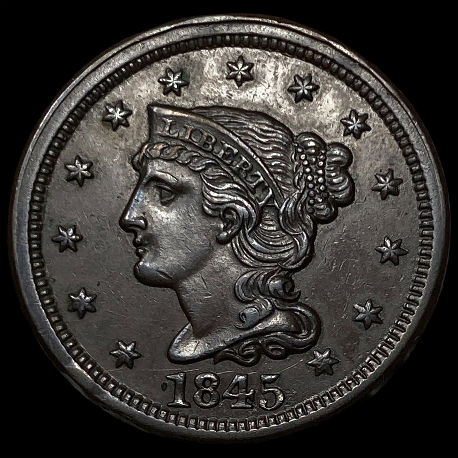 1845 BN Braided Hair Large Cent UNCIRCULATED: 1845 BN Braided Hair Large Cent UNCIRCULATED