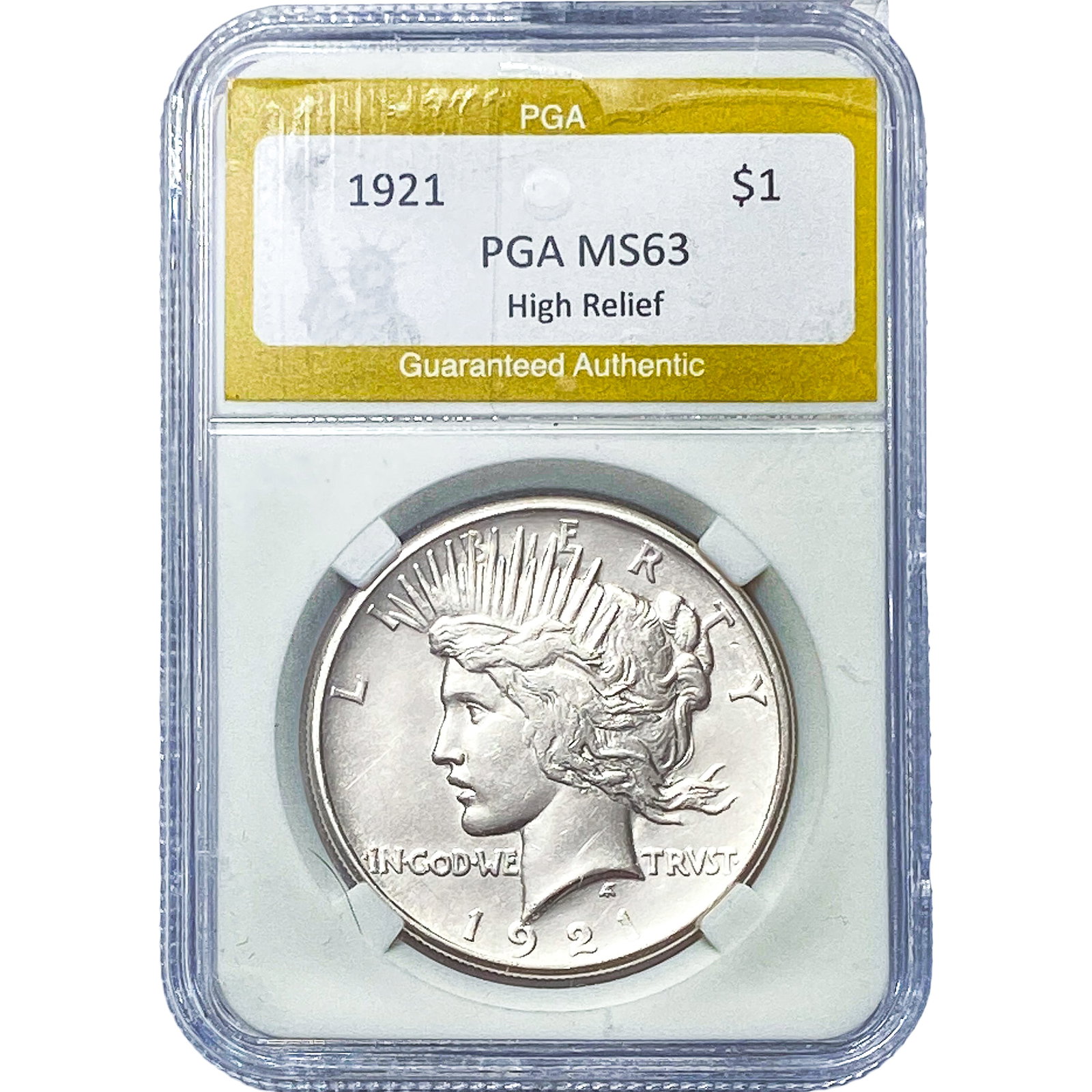 1921 Silver Peace Dollar PGA MS63 High Relief: 1921 Silver Peace Dollar PGA MS63 High Relief