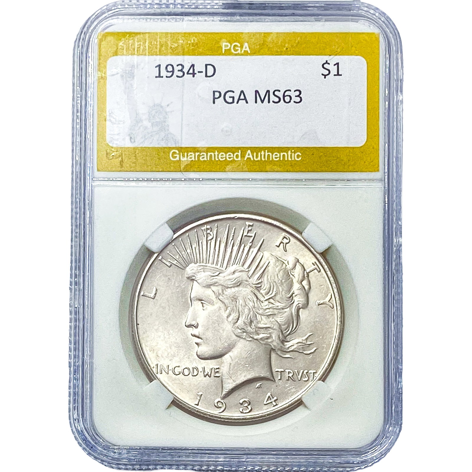 1934-D Silver Peace Dollar PGA MS63: 1934-D Silver Peace Dollar PGA MS63