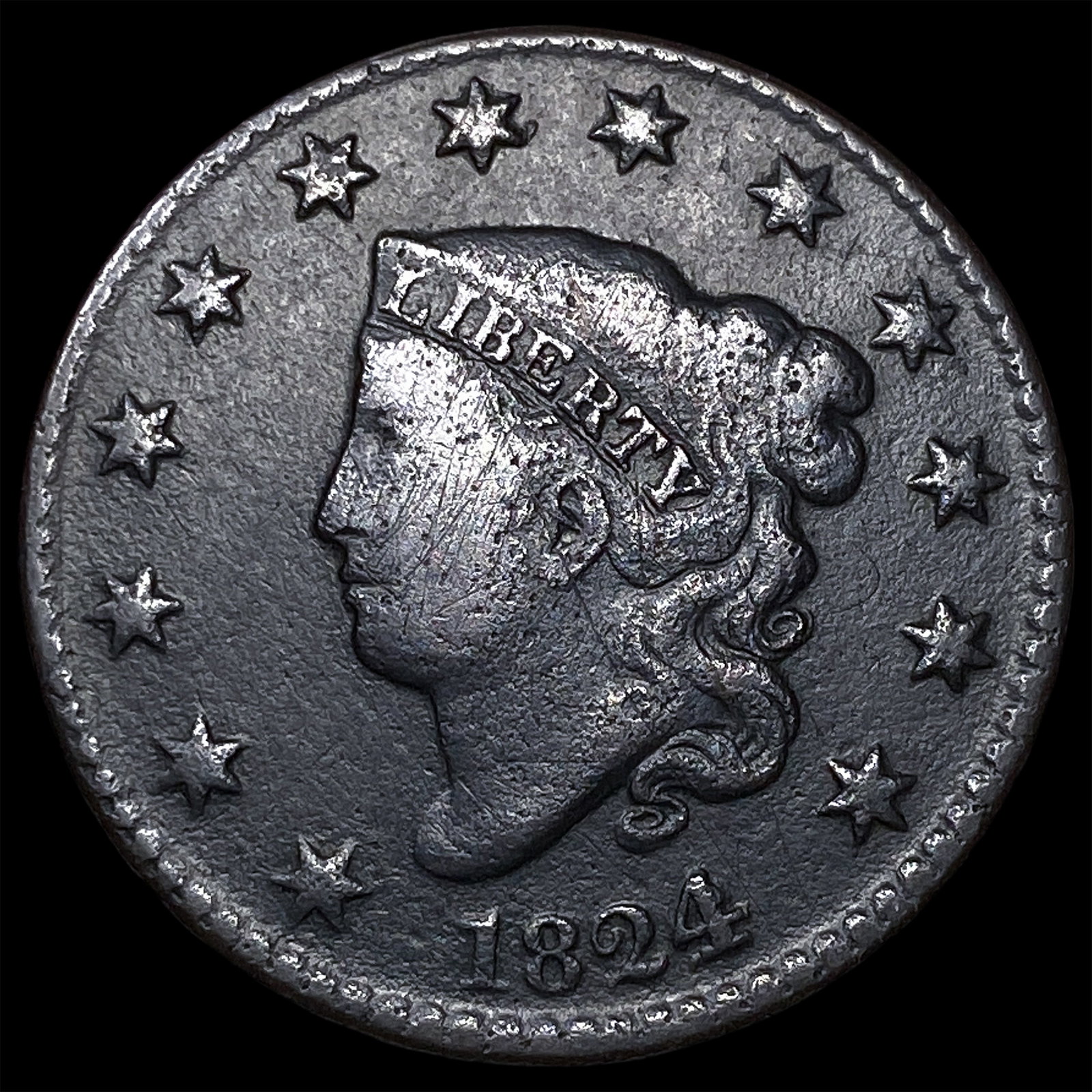 1824 Coronet Head Large Cent NEARLY UNCIRCULATED: 1824 Coronet Head Large Cent NEARLY UNCIRCULATED