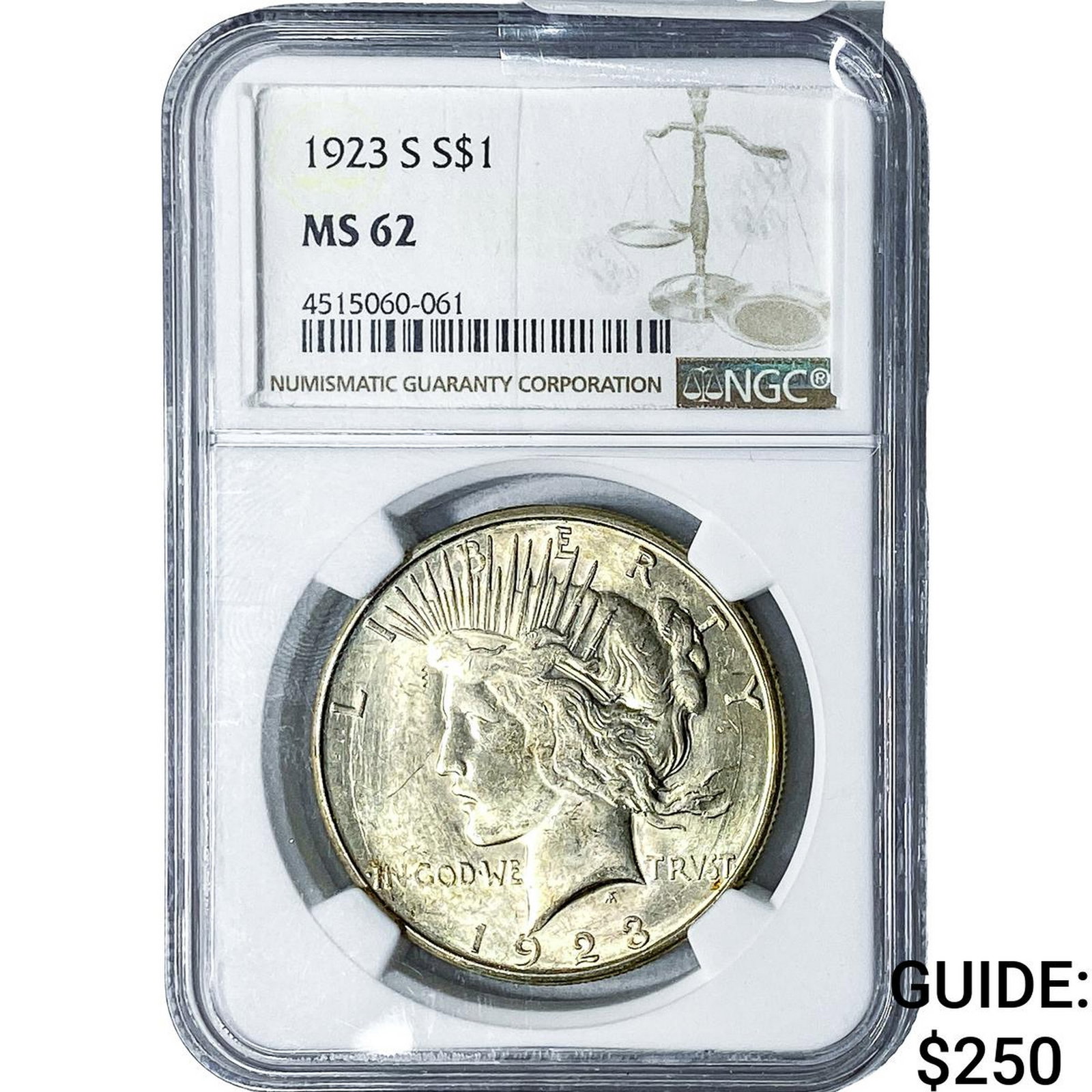 1923-S Silver Peace Dollar NGC MS62: 1923-S Silver Peace Dollar NGC MS62