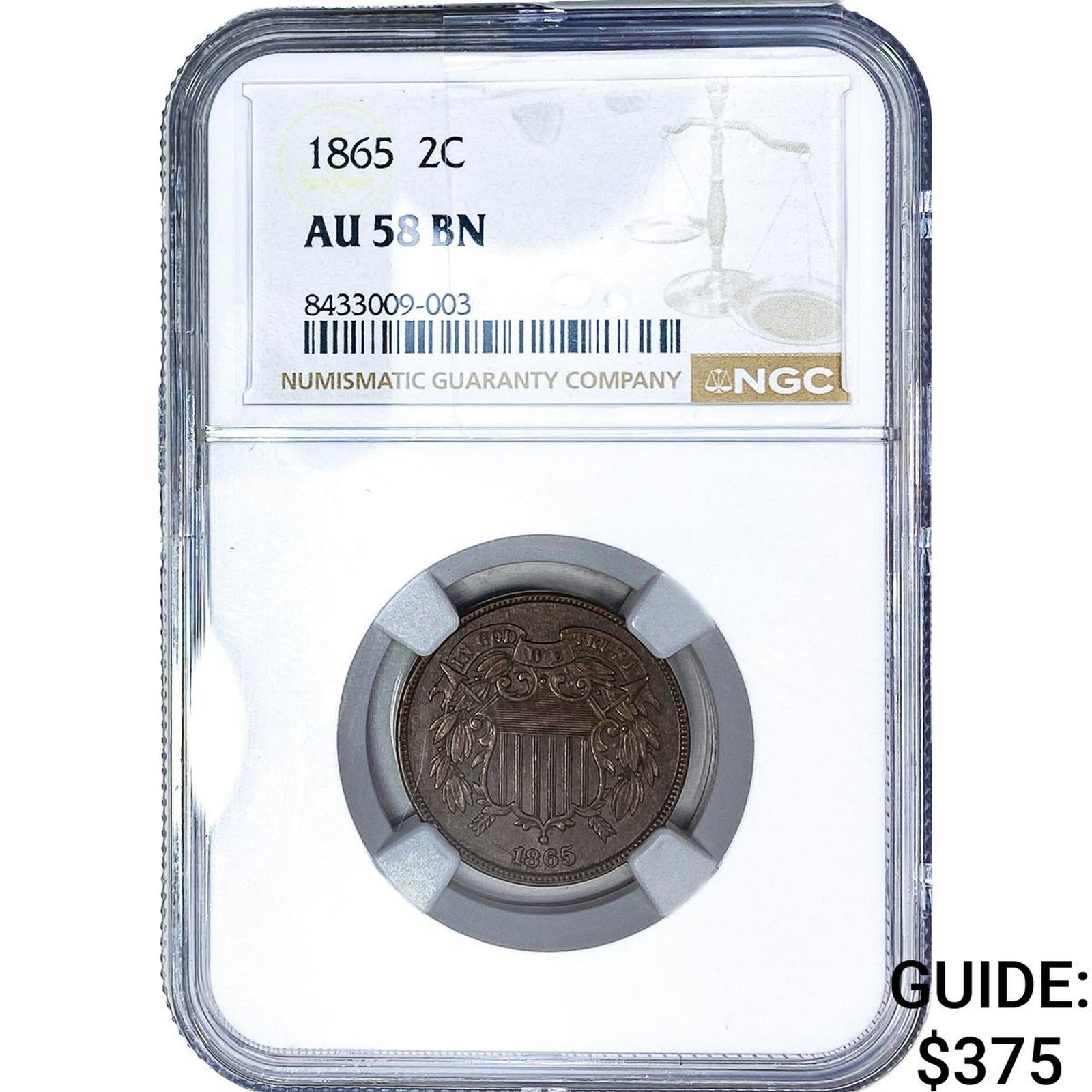 1865 2C Shield NGC AU58 BN: 1865 2C Shield NGC AU58 BN