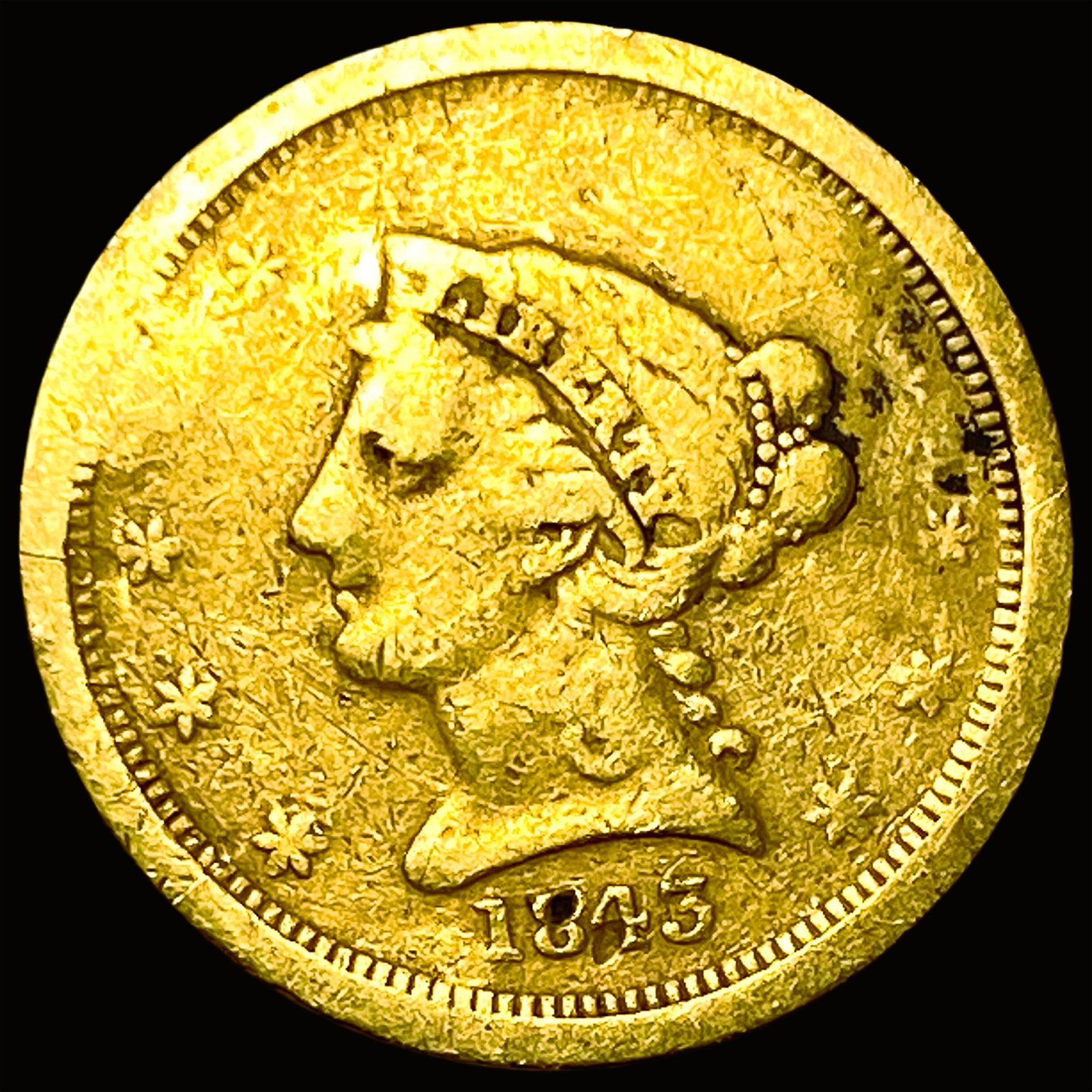 1843-O Gold $2.50 Quarter Eagle LIGHTLY CIRCULATED: 1843-O Gold $2.50 Quarter Eagle LIGHTLY CIRCULATED