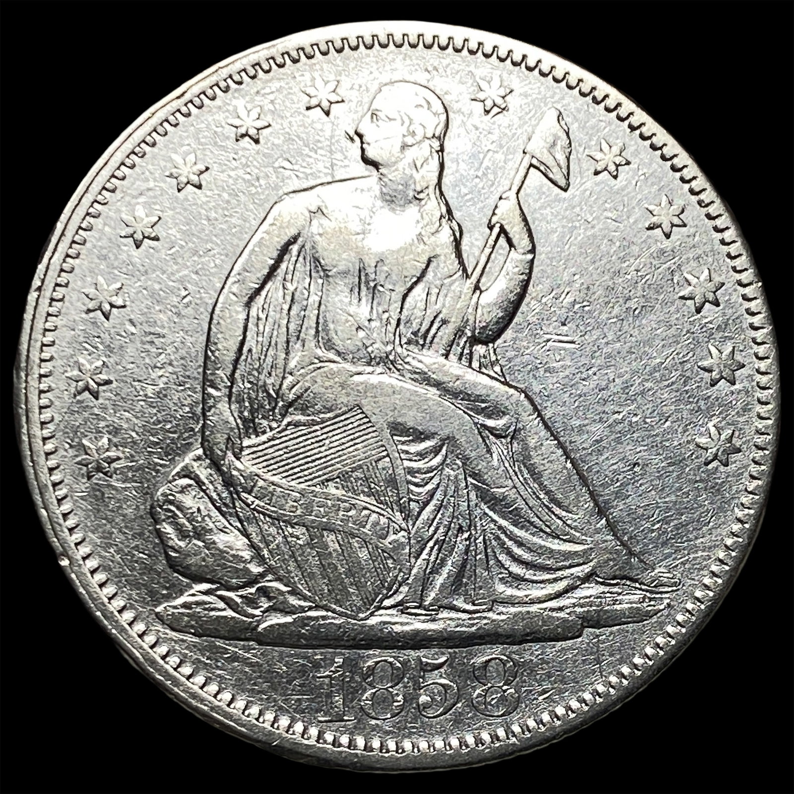 1858 Silver Half Dollar (Seated Liberty) CLOSELY UNCIRCULATED: 1858 Silver Half Dollar (Seated Liberty) CLOSELY UNCIRCULATED