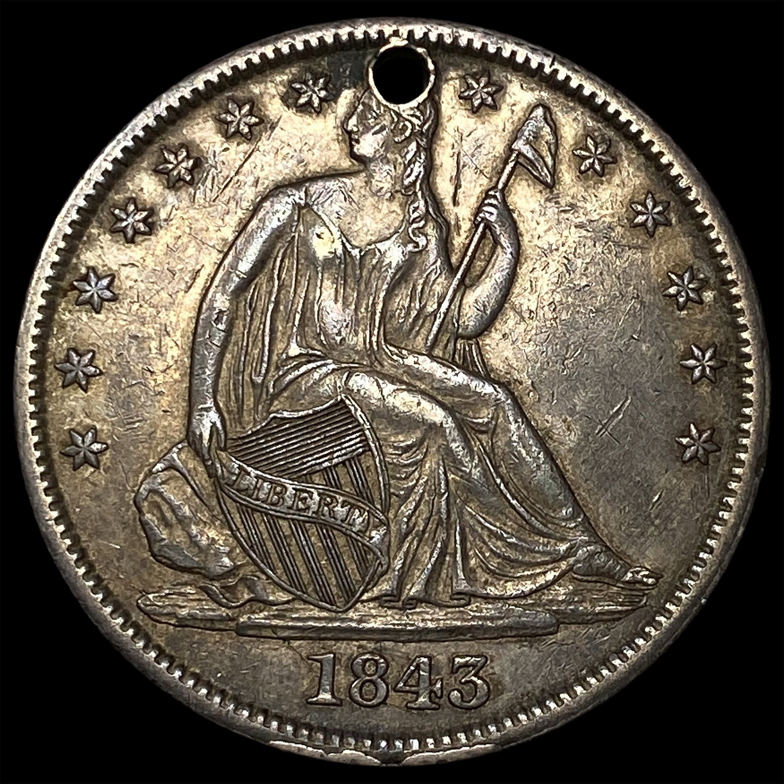 1843 Seated Liberty Half Dollar (holed) HIGH GRADE: 1843 Seated Liberty Half Dollar (holed) HIGH GRADE
