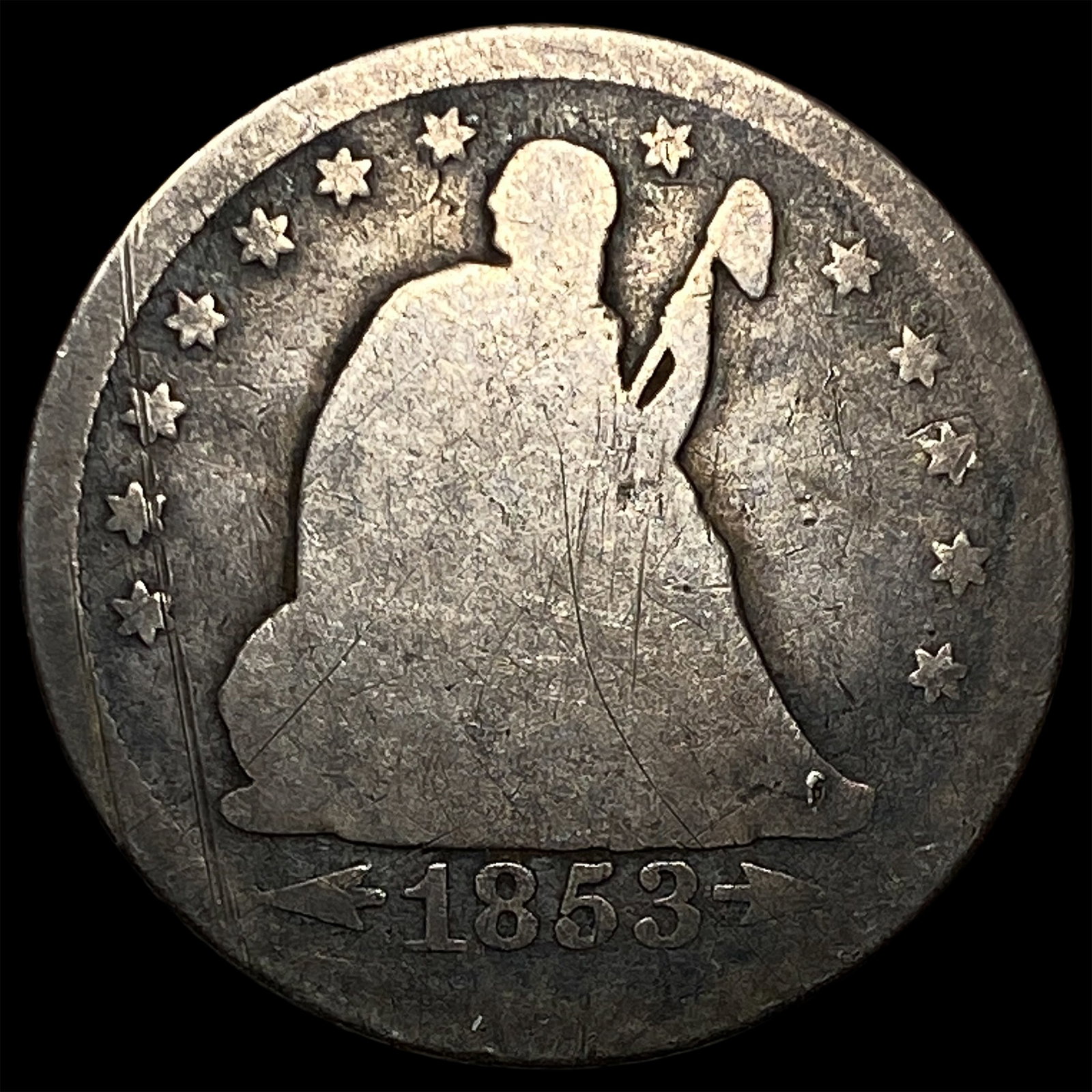 1853-O Arrows/Rays Silver Seated Liberty Quarter NICELY CIRCULATED: 1853-O Arrows/Rays Silver Seated Liberty Quarter NICELY CIRCULATED