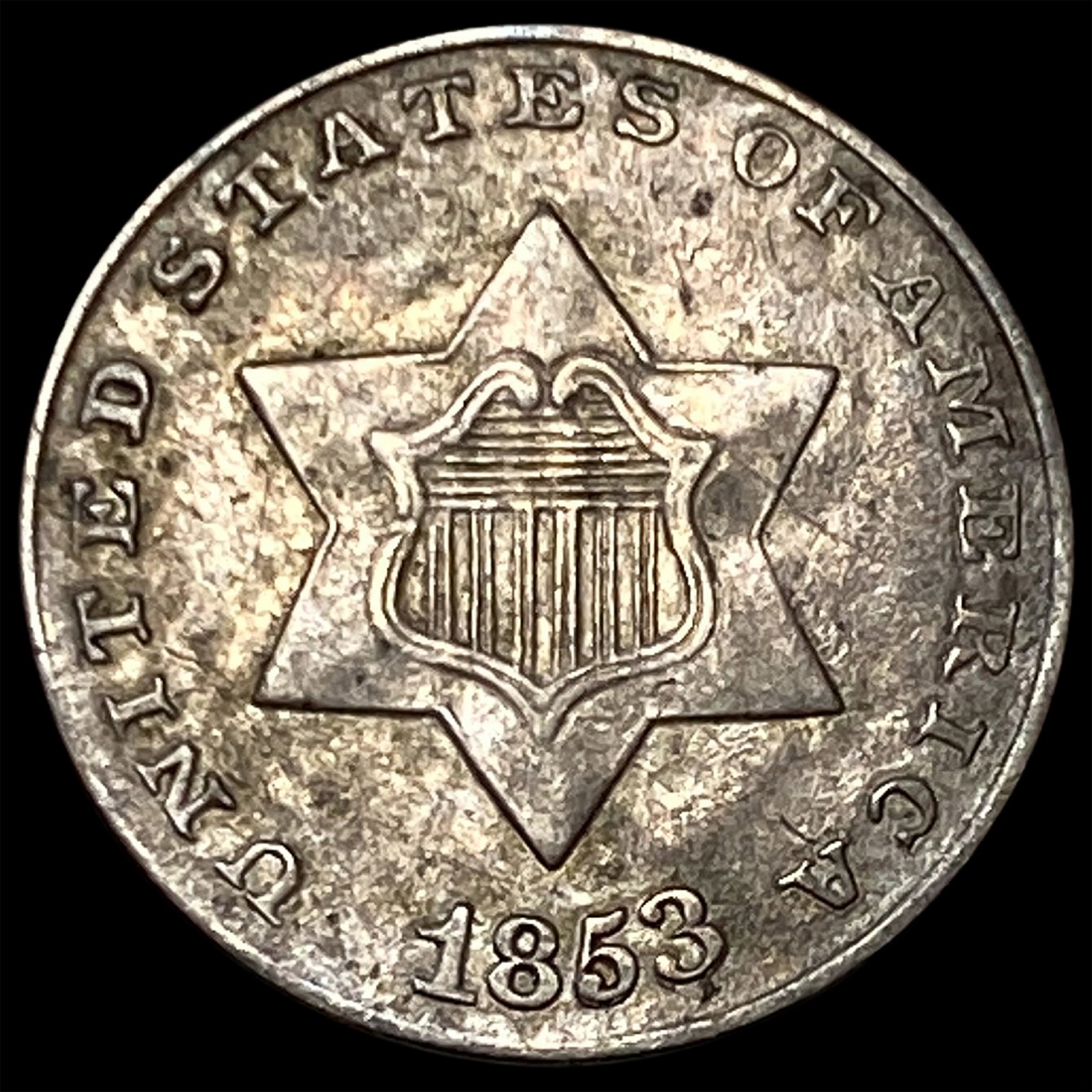 1853 Silver Three-Cent Piece NEARLY UNCIRCULATED: 1853 Silver Three-Cent Piece NEARLY UNCIRCULATED