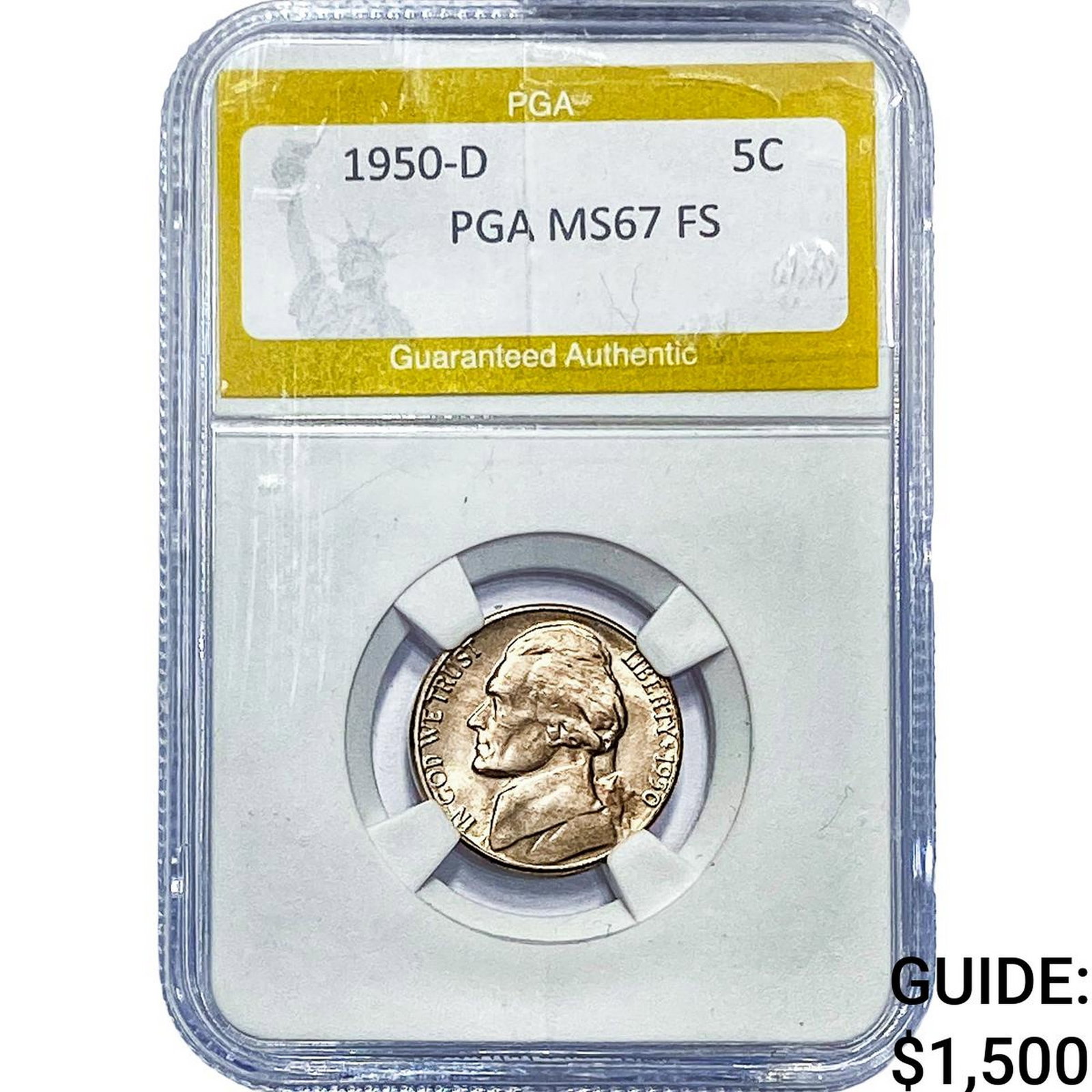 1950-D Jefferson Nickel PGA MS67 FS: 1950-D Jefferson Nickel PGA MS67 FS