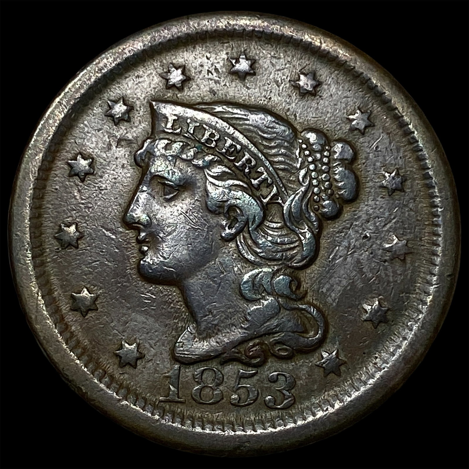 1853 BN Braided Hair Large Cent NEARLY UNCIRCULATED: 1853 BN Braided Hair Large Cent NEARLY UNCIRCULATED