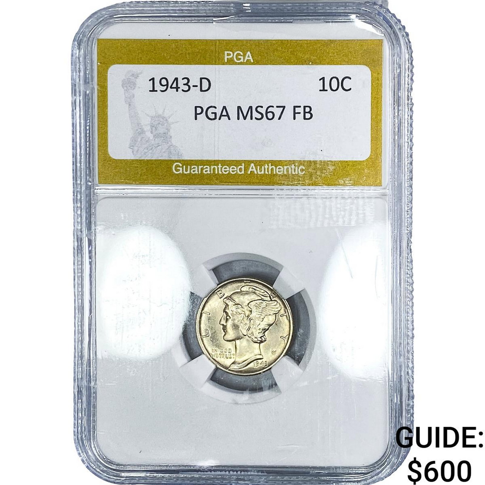 1943-D Mercury Silver Dime PGA MS67 FB: 1943-D Mercury Silver Dime PGA MS67 FB