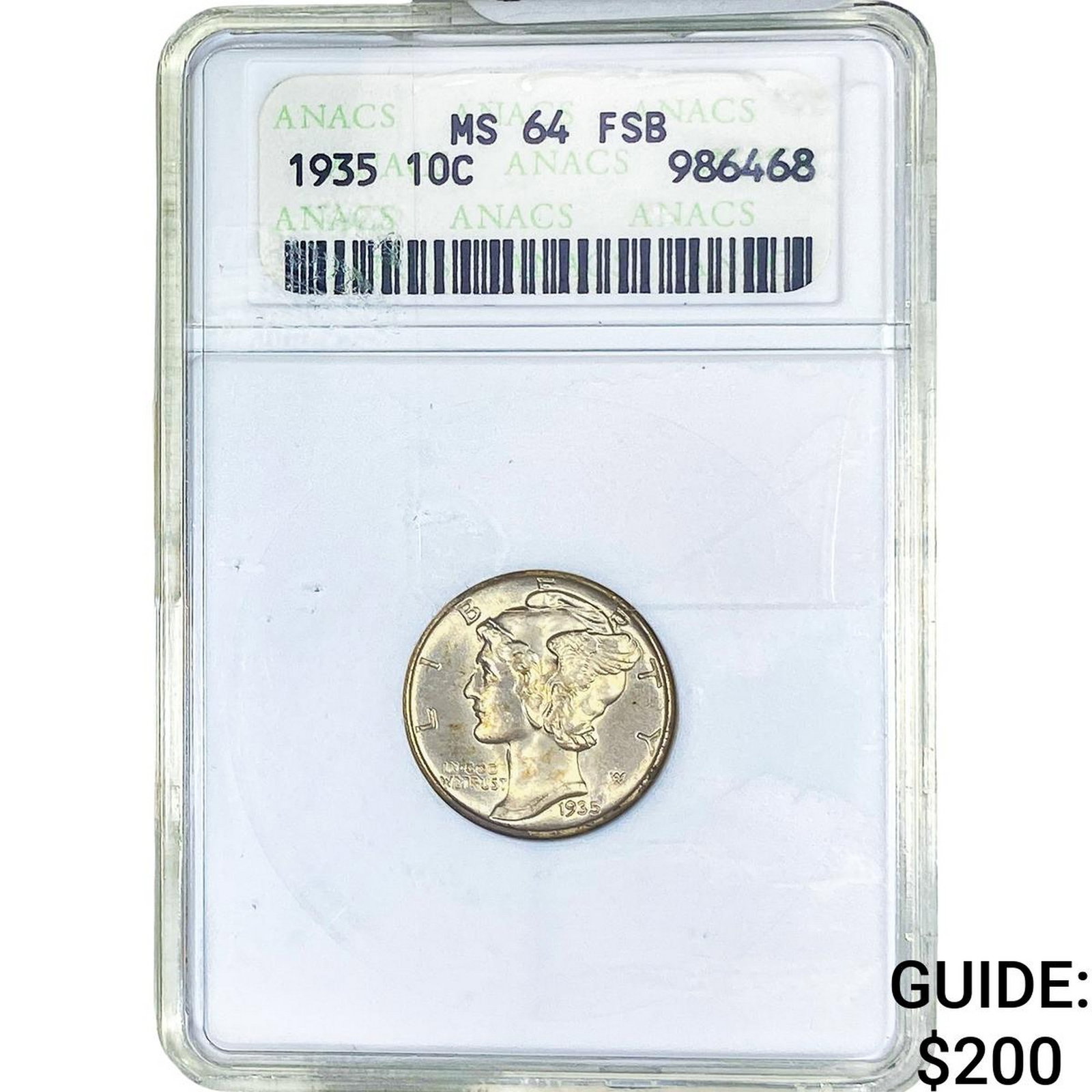 1935 Mercury Silver Dime ANACS MS64 FSB: 1935 Mercury Silver Dime ANACS MS64 FSB
