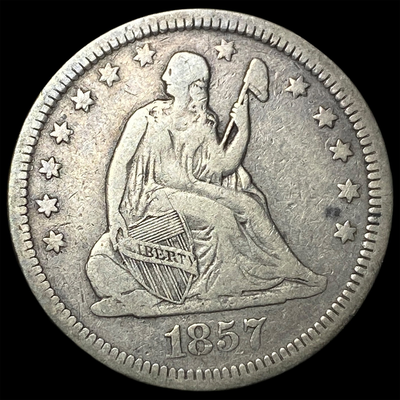 1857 Silver Seated Liberty Quarter NEARLY UNCIRCULATED: 1857 Silver Seated Liberty Quarter NEARLY UNCIRCULATED