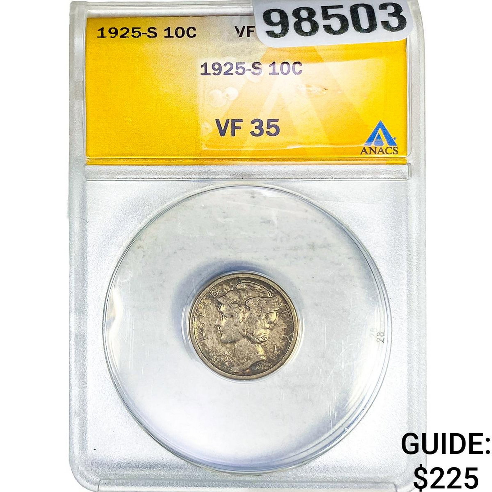 1925-S Mercury Silver Dime ANACS VF35: 1925-S Mercury Silver Dime ANACS VF35