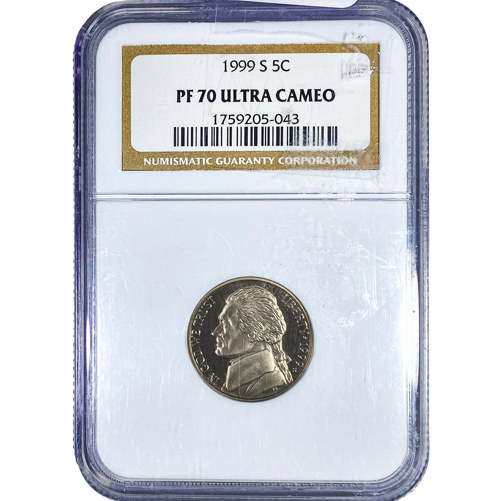 1999-S Jefferson Nickel NGC PF70 Ultra Cameo: 1999-S Jefferson Nickel NGC PF70 Ultra Cameo