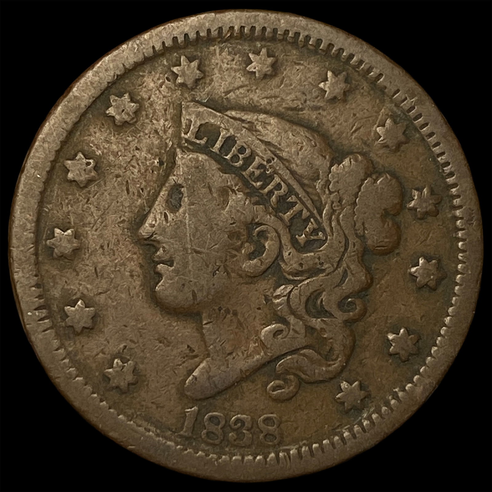 1838 BN Coronet Head Large Cent NEARLY UNCIRCULATED: 1838 BN Coronet Head Large Cent NEARLY UNCIRCULATED