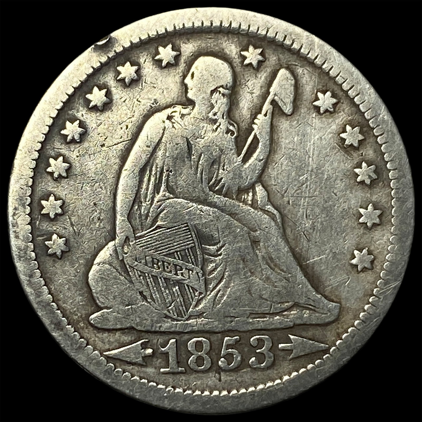 1853 Silver Seated Liberty Quarter LIGHTLY CIRCULATED: 1853 Silver Seated Liberty Quarter LIGHTLY CIRCULATED