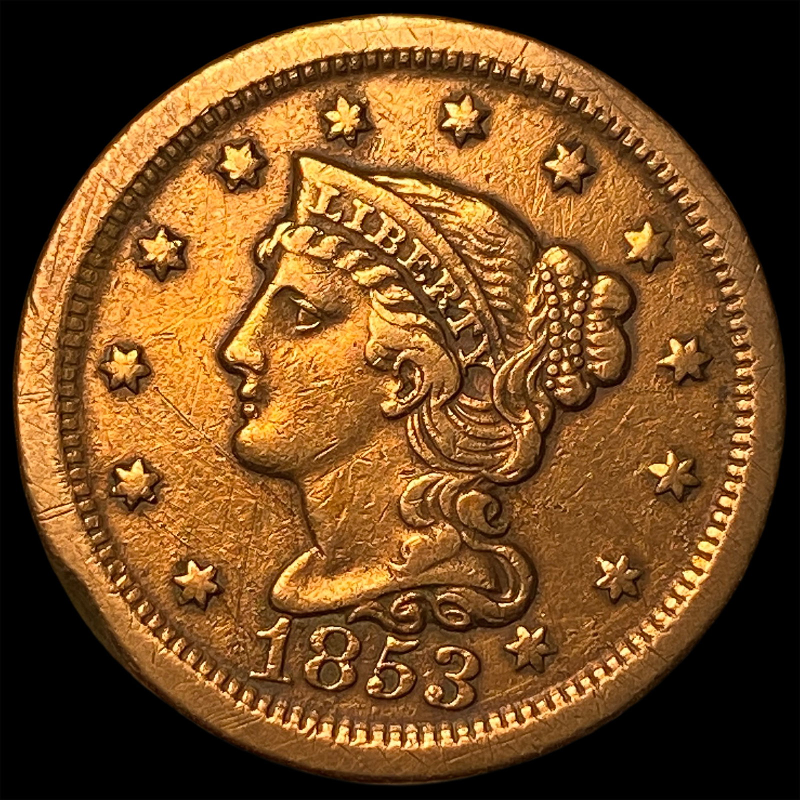 1853 RD Braided Hair Large Cent CLOSELY UNCIRCULATED: 1853 RD Braided Hair Large Cent CLOSELY UNCIRCULATED