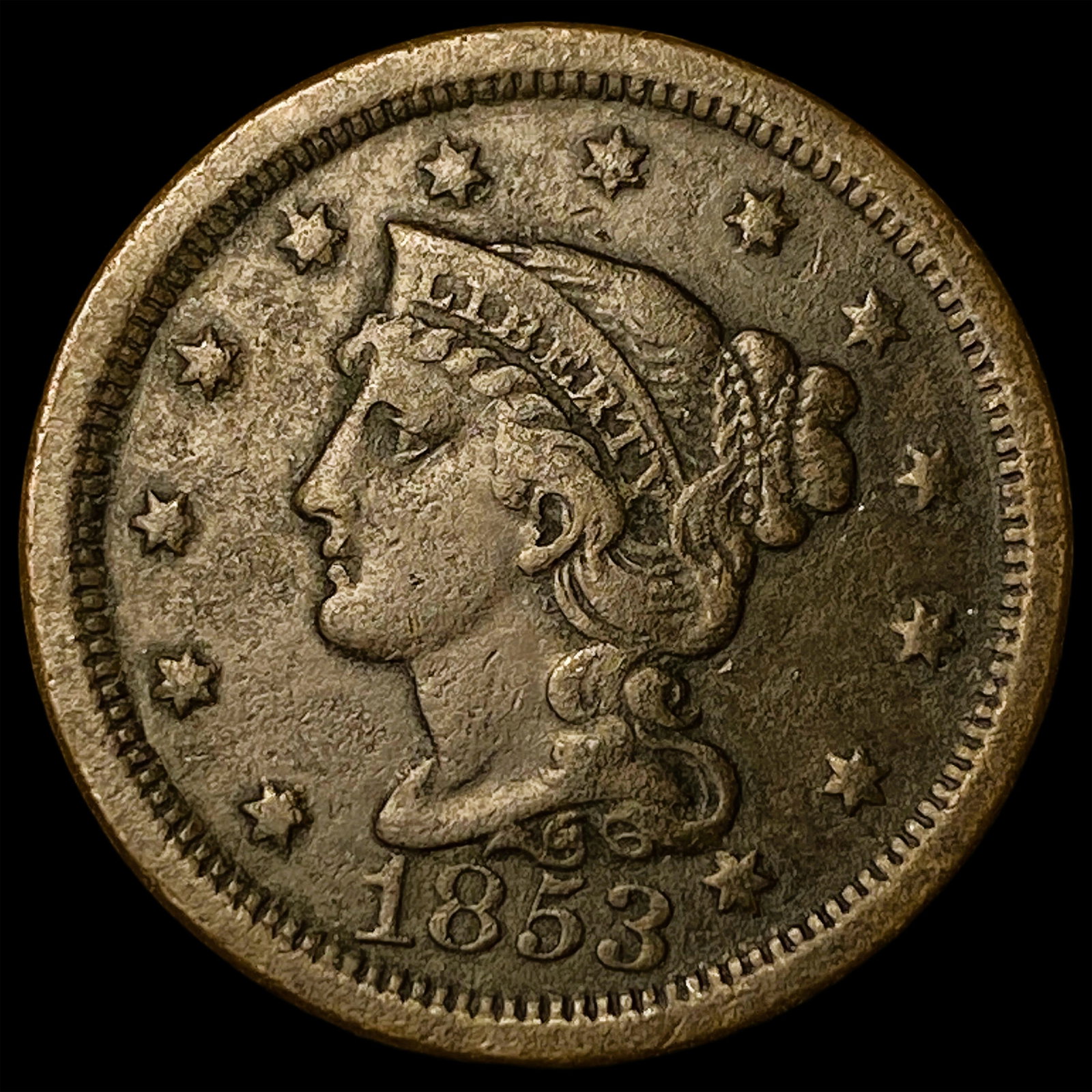 1853 BN Braided Hair Large Cent CLOSELY UNCIRCULATED: 1853 BN Braided Hair Large Cent CLOSELY UNCIRCULATED