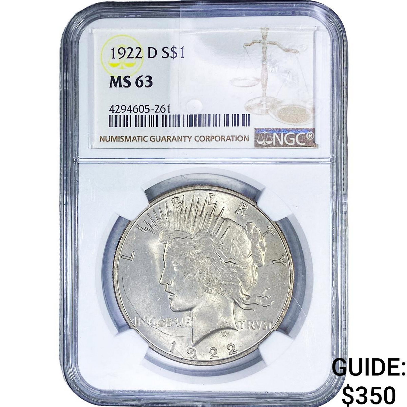 1922-D Silver Peace Dollar NGC MS63: 1922-D Silver Peace Dollar NGC MS63