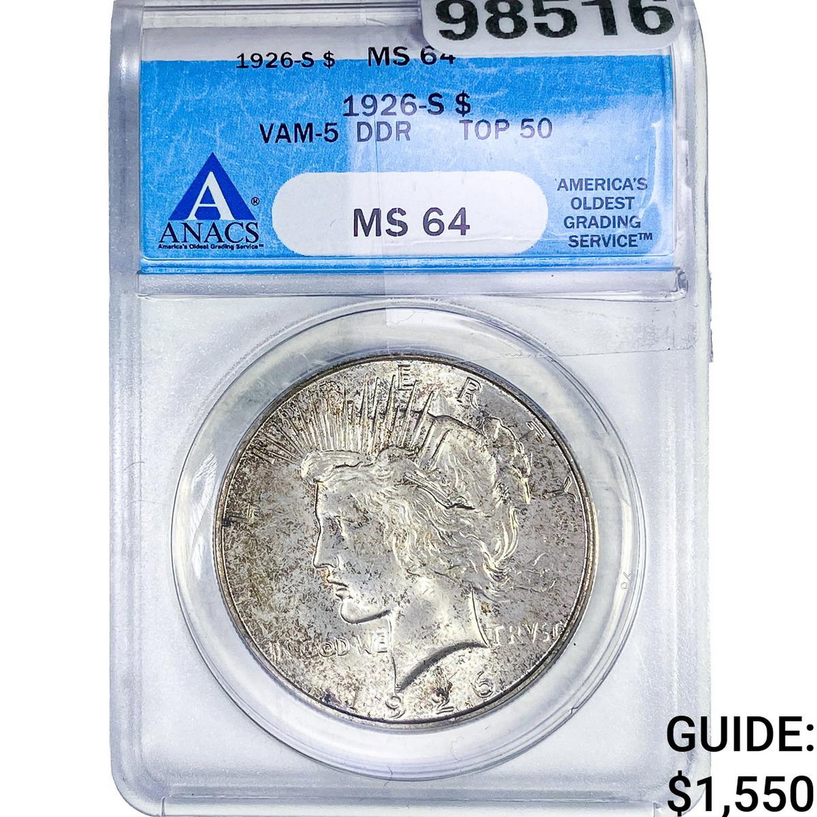 1926-S Silver Peace Dollar ANACS MS64 VAM-5: 1926-S Silver Peace Dollar ANACS MS64 VAM-5